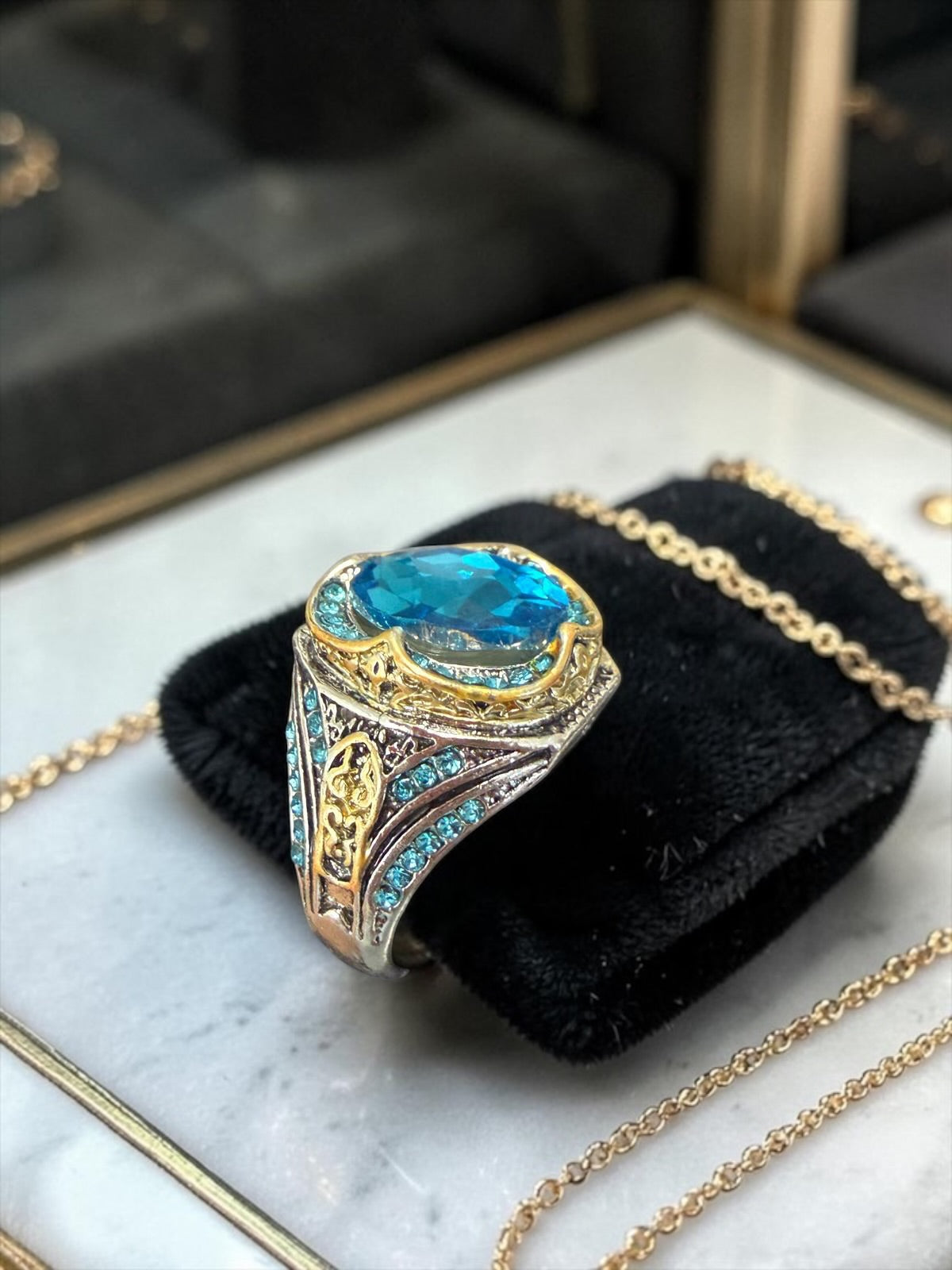Men’s Vintage Blue Crystal Statement Ring – Silver Plated Ottoman Turkish Style Gemstone Ring G3
