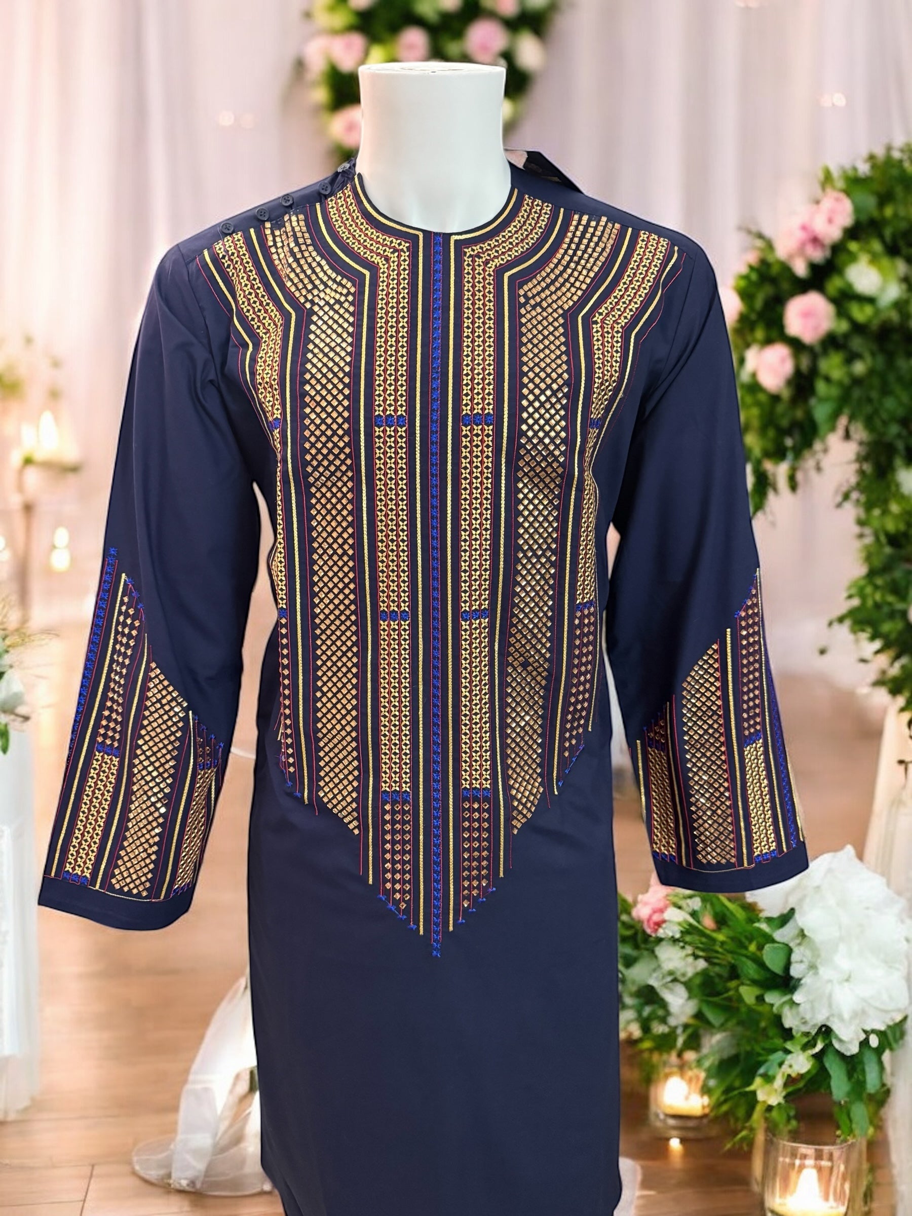 Afghan Parahan Tunban for Men Navy Gold and Blue Shesha Mirror Work Machine Embroidered Medium