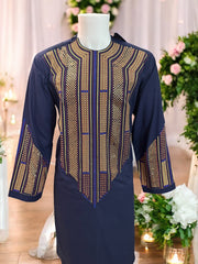 Afghan Parahan Tunban for Men Navy Gold and Blue Shesha Mirror Work Machine Embroidered Medium