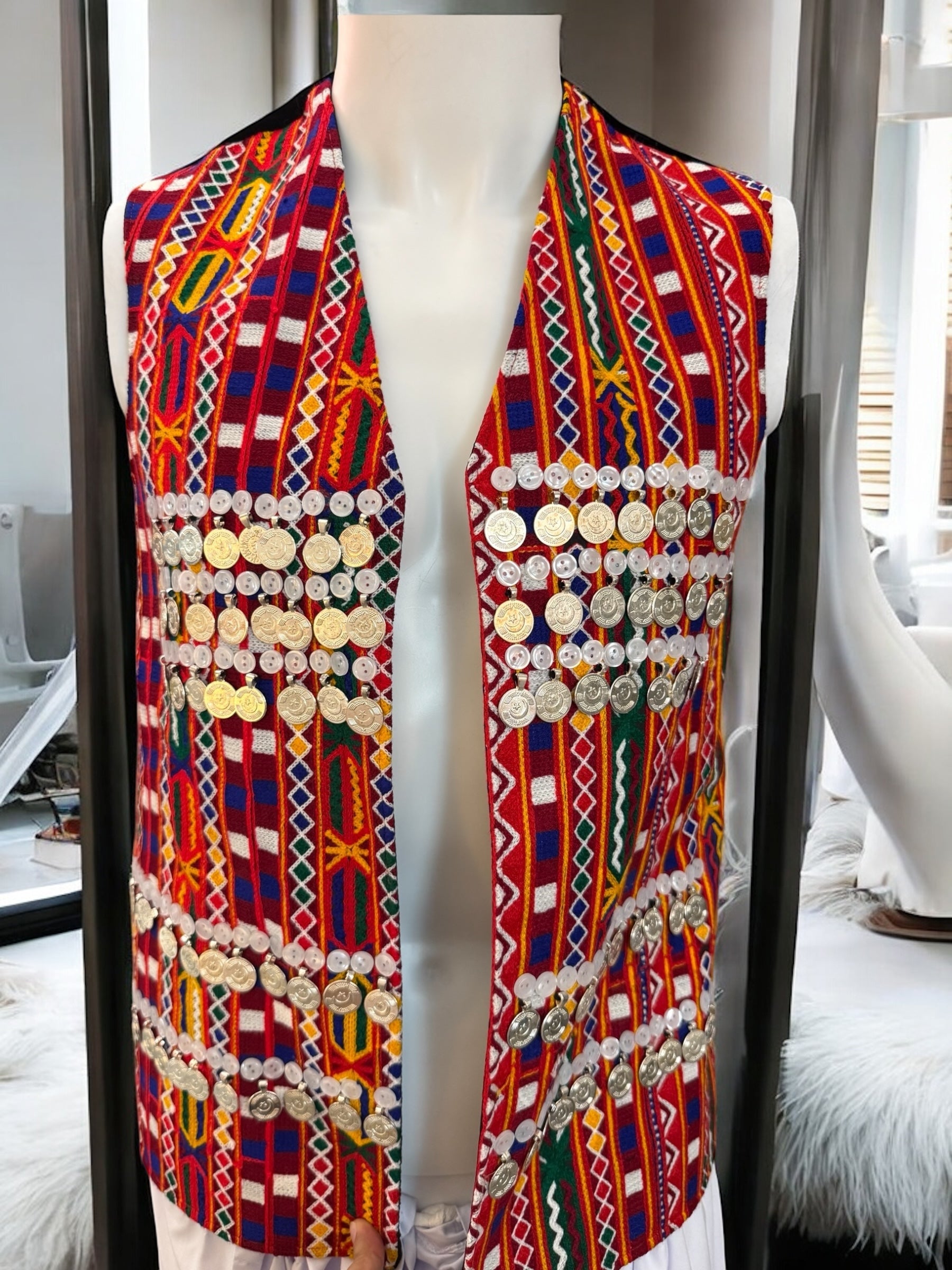 Men’s Traditional Afghan Vest with Multicolor Embroidery and Gold Coinwork | Handmade Waistcoat | Size Medium to Large