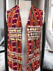 Men’s Traditional Afghan Vest with Multicolor Embroidery and Gold Coinwork | Handmade Waistcoat | Size Medium to Large