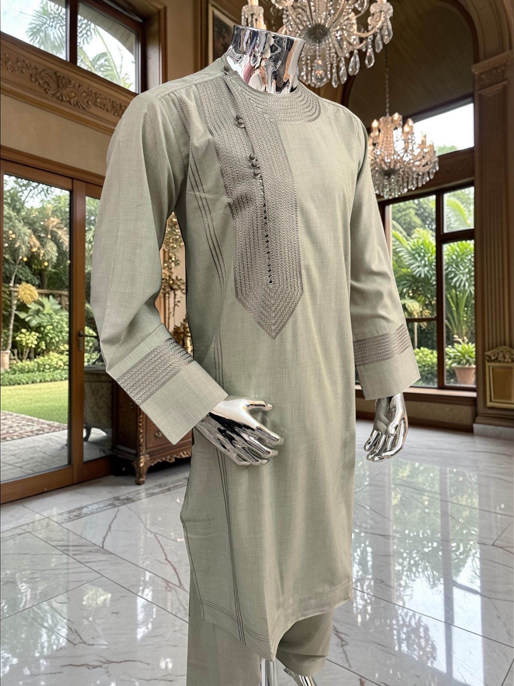 Afghan Parahan Tunban with Machine Embroidery – Olive Sage – XS