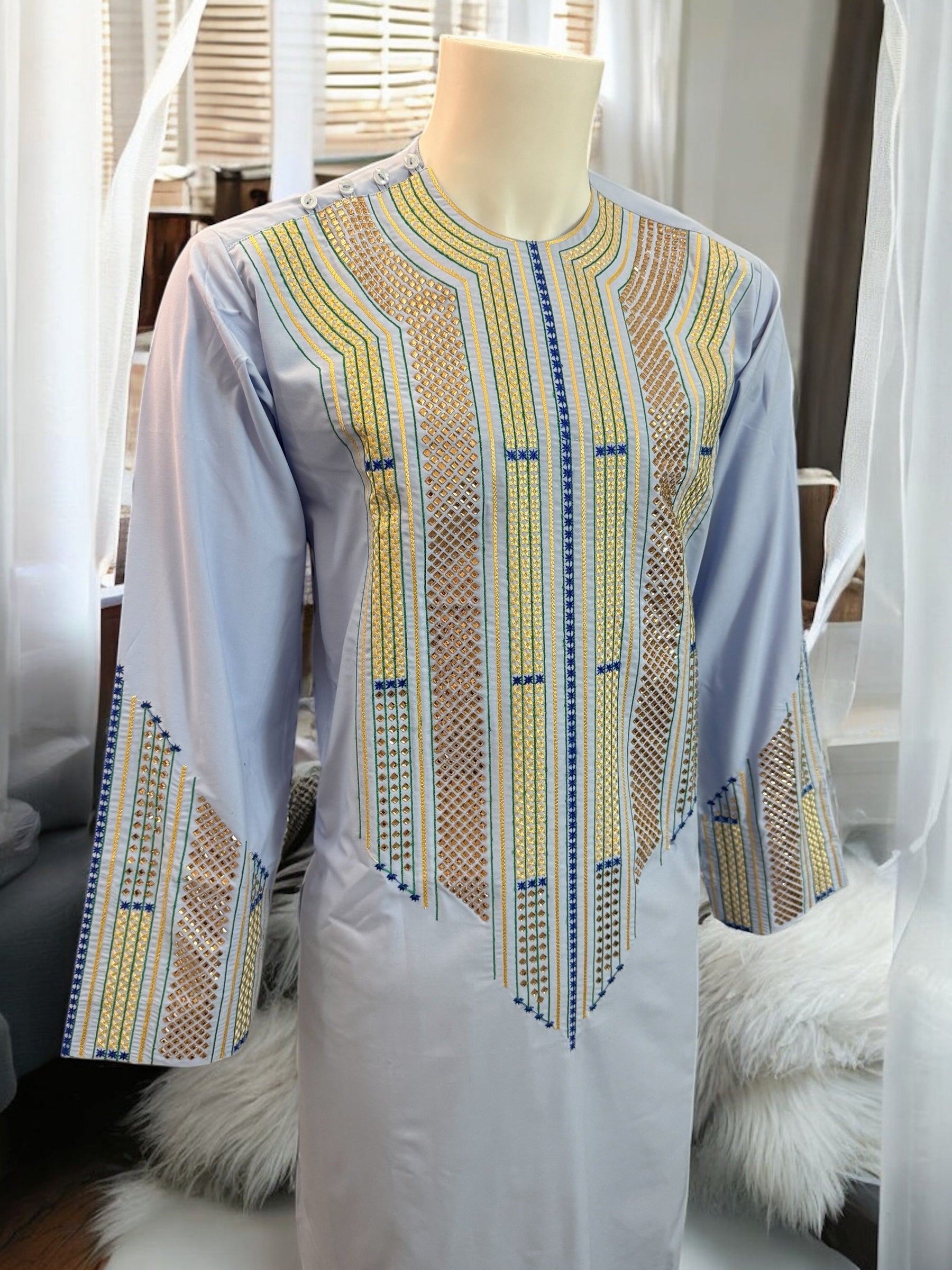Afghan Parahan Tunban Kameese Shalwar Light Blue Gold Shesha Embroidered Medium