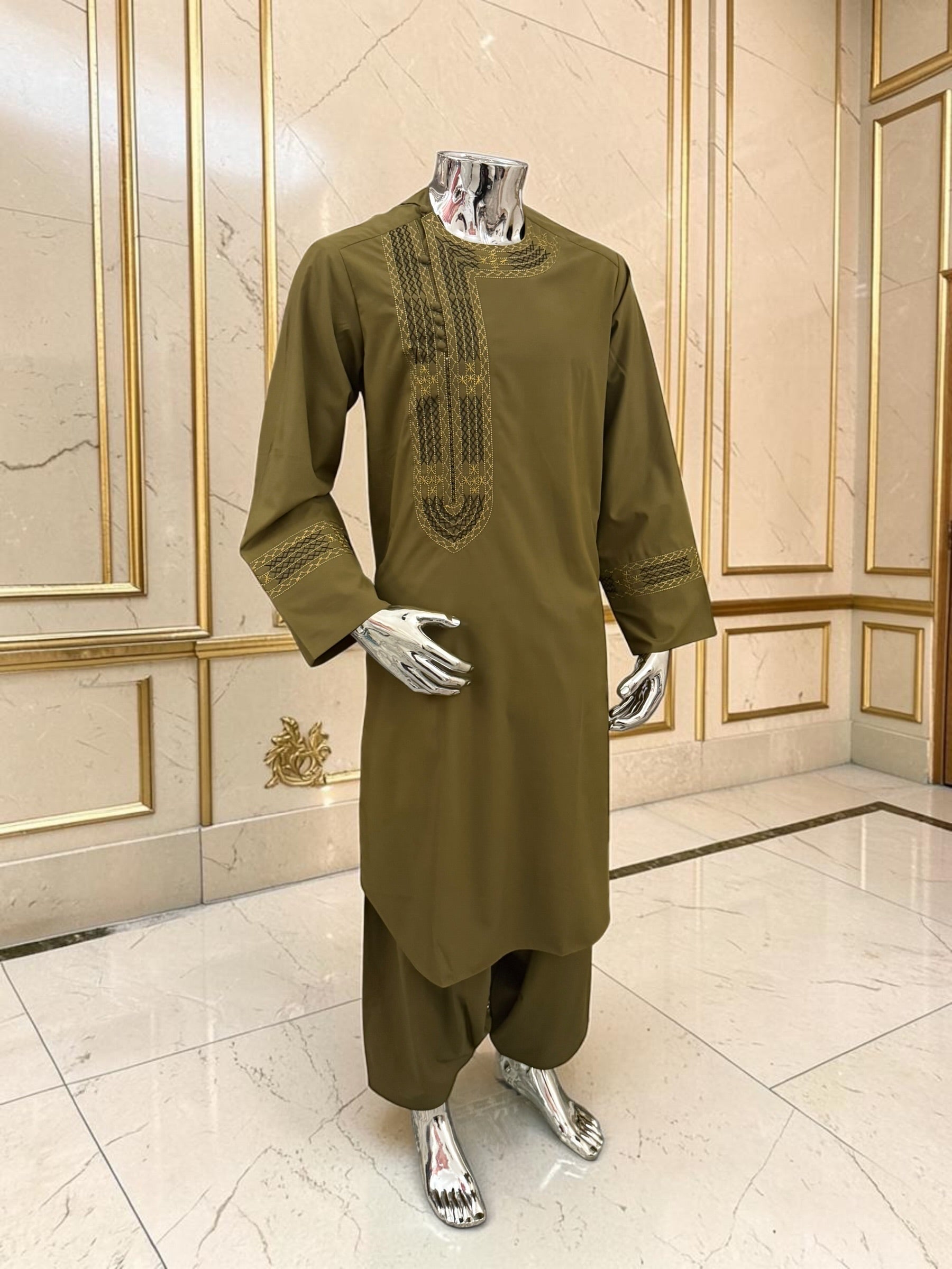 Men’s Olive Green Hand-Embroidered Afghan Parahan Tunban with Shawl – 3-Piece Set 5033