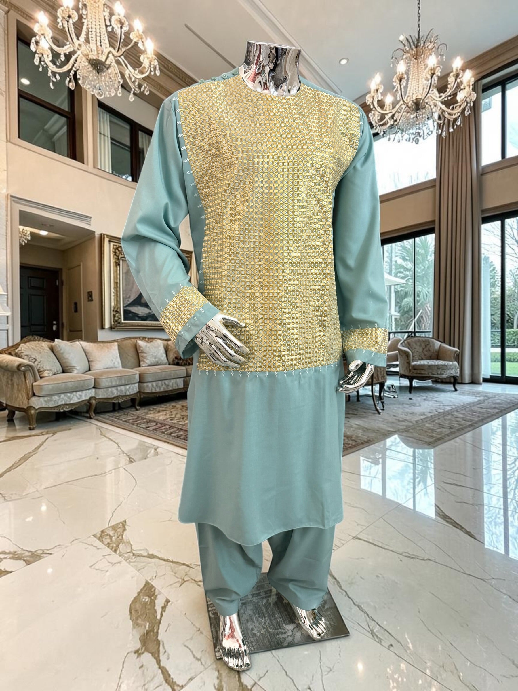 X-Large Turquoise Afghan Parahan Tunban for Men with Machine Embroidery