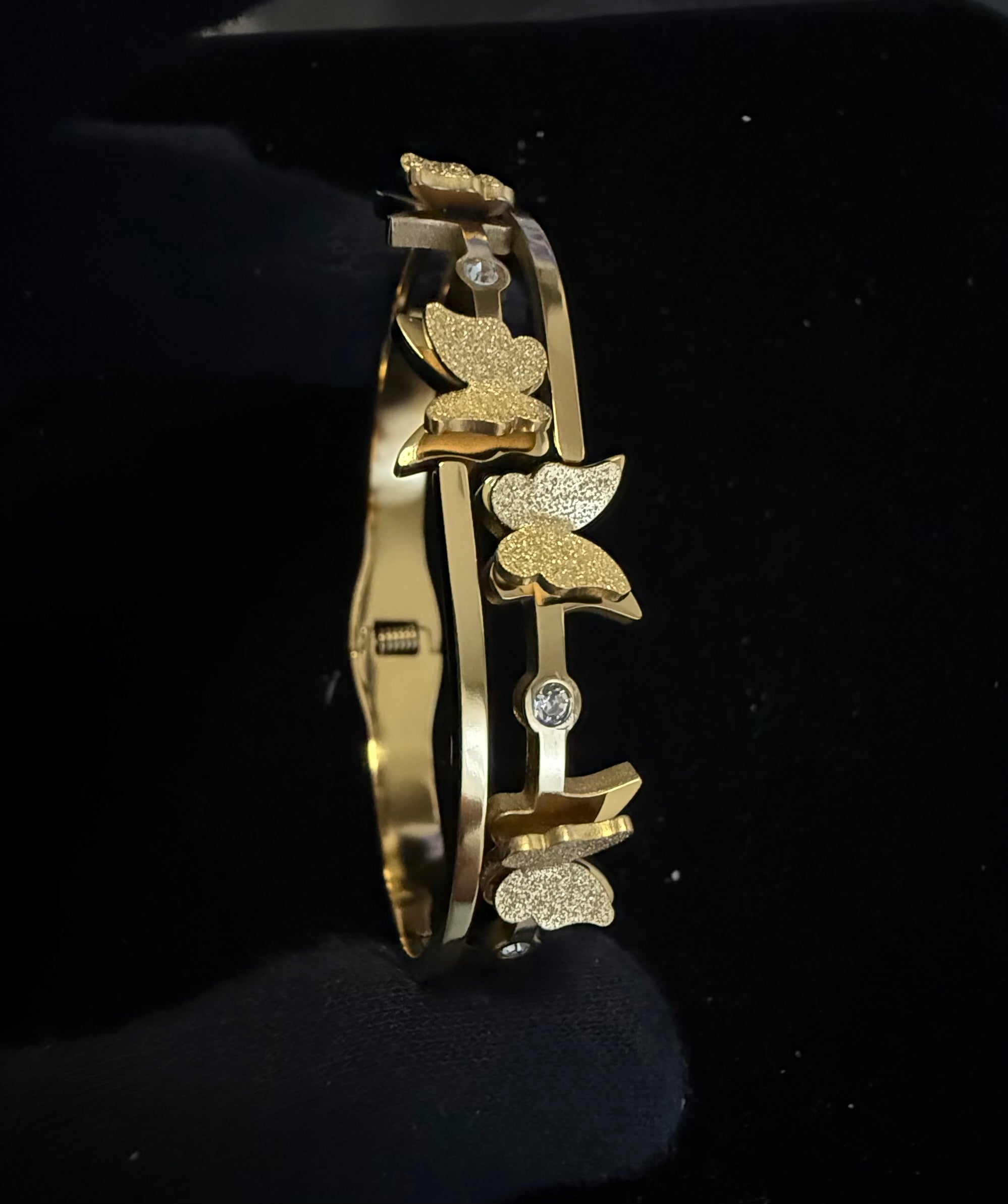 Gold Tone Stainless Steel Butterfly Bangle Bracelet with Clear Stone Accents 8062