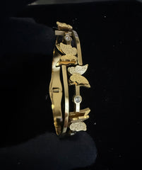Gold Tone Stainless Steel Butterfly Bangle Bracelet with Clear Stone Accents 8062