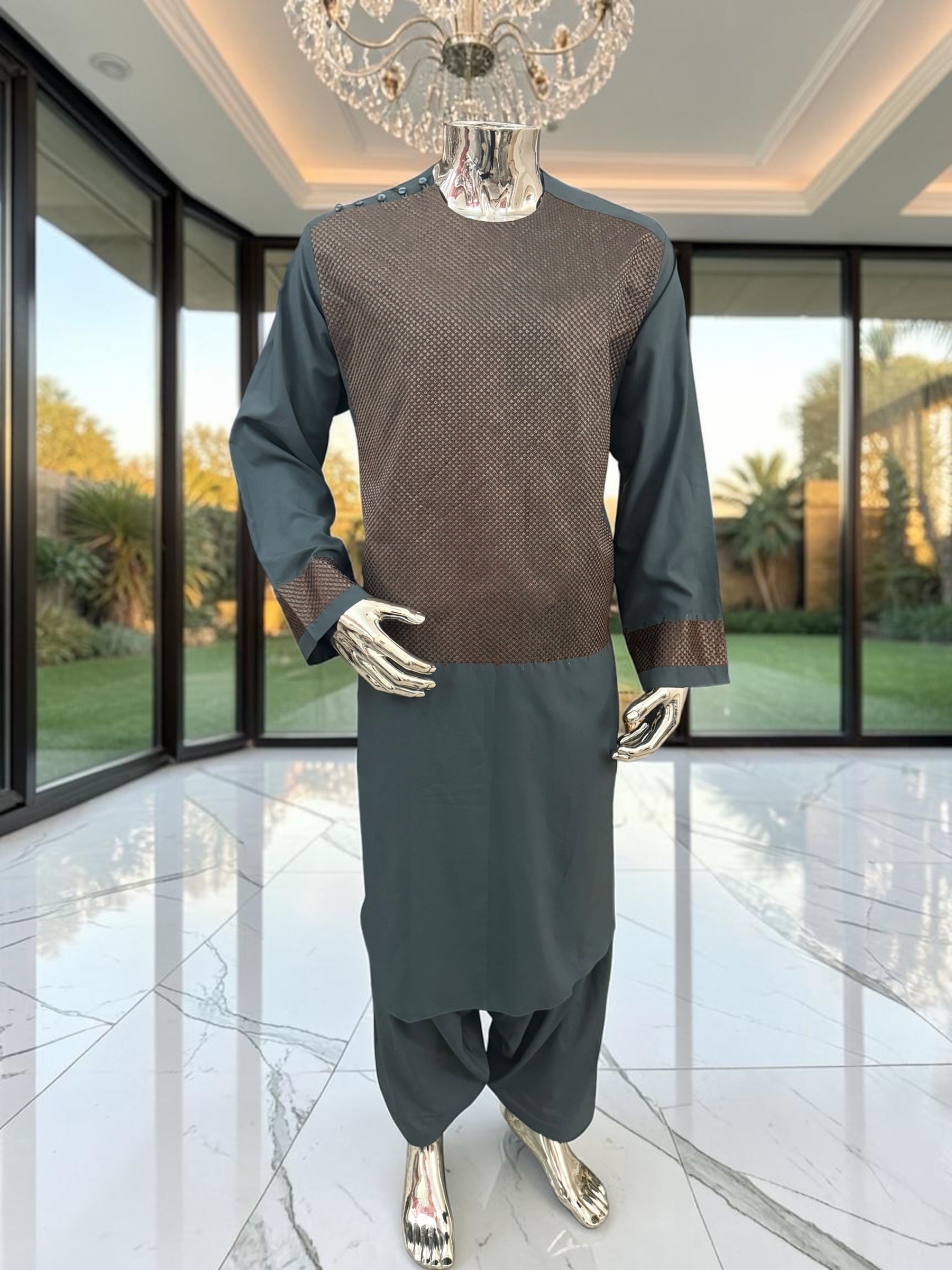 X-Large Men’s Slate Teal & Bronze Embroidered 3-Piece Parahan Tunban with Matching Tunban & Shawl | Afghan Traditional Outfit 7222