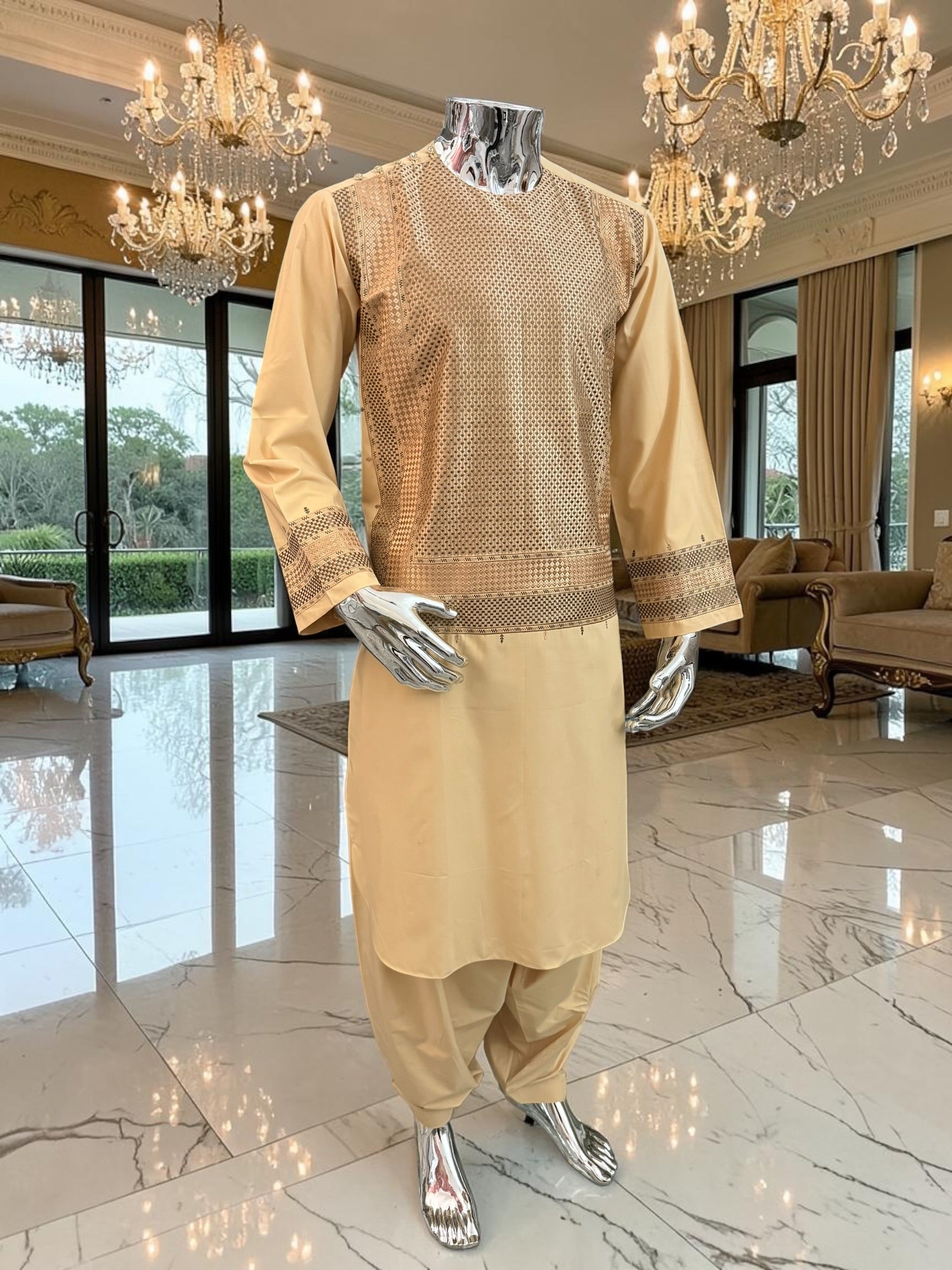 Medium Men’s Tan Parahan Tunban with Premium Machine Embroidery