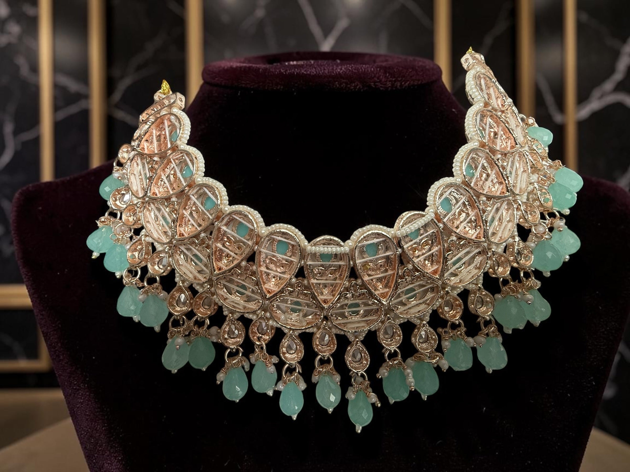 Aqua Blue Kundan Bridal Jewelry Set with Earrings & Maang Tikka | Rose Gold Indian Pakistani Afghan Wedding Necklace | Jewelry Gift Box Included 6045