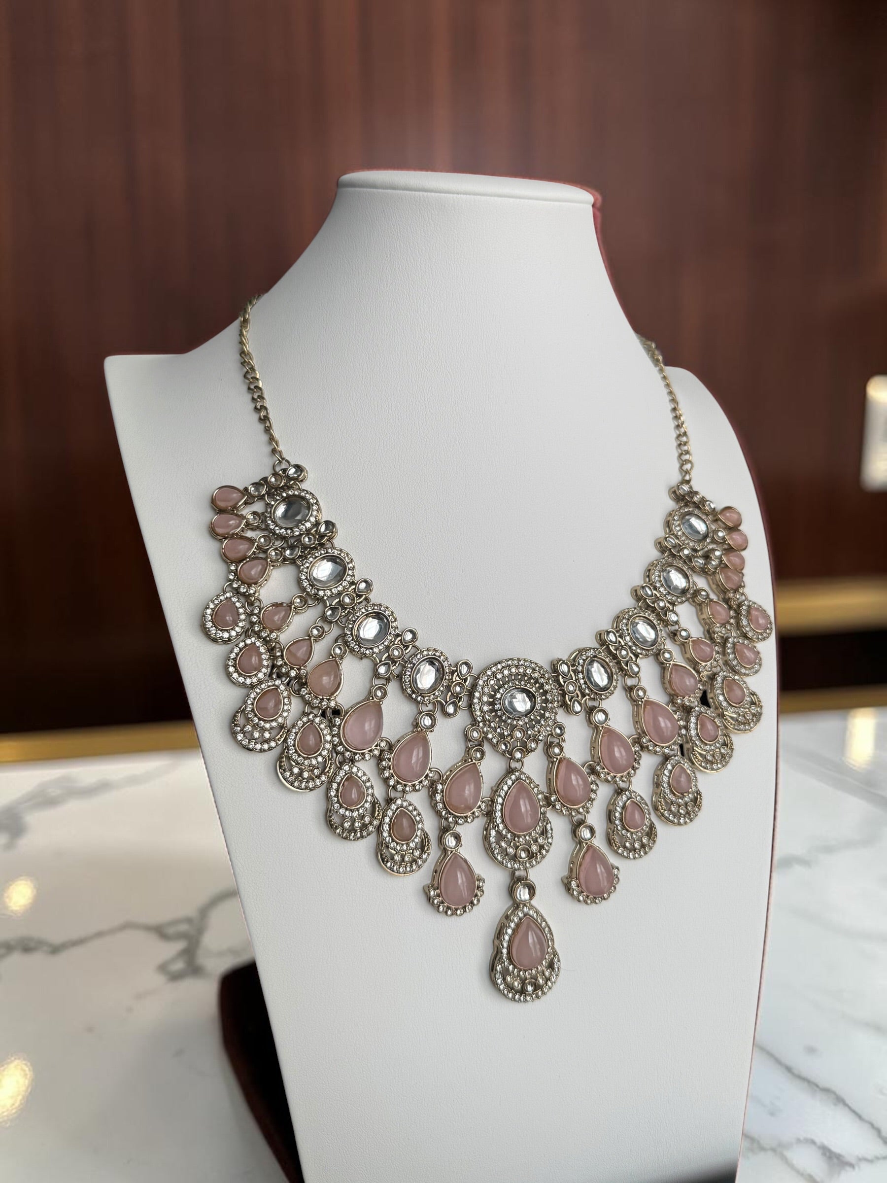 Blush Pink Kundan Half Bridal Jewelry Set – 6-Piece Necklace, Earrings, Sheeshphool, Nath & Adjustable Rings 6058