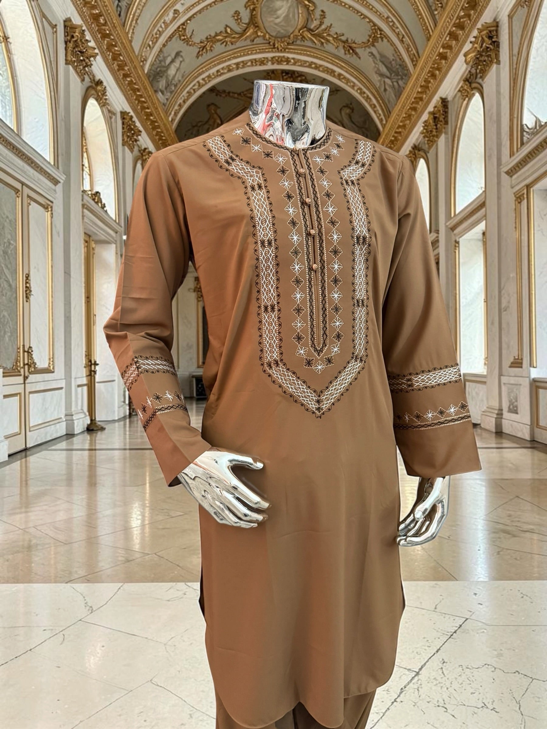 Men’s Brown Hand-Embroidered Afghan Parahan Tunban with Matching Shawl in Small, Medium, or Large
