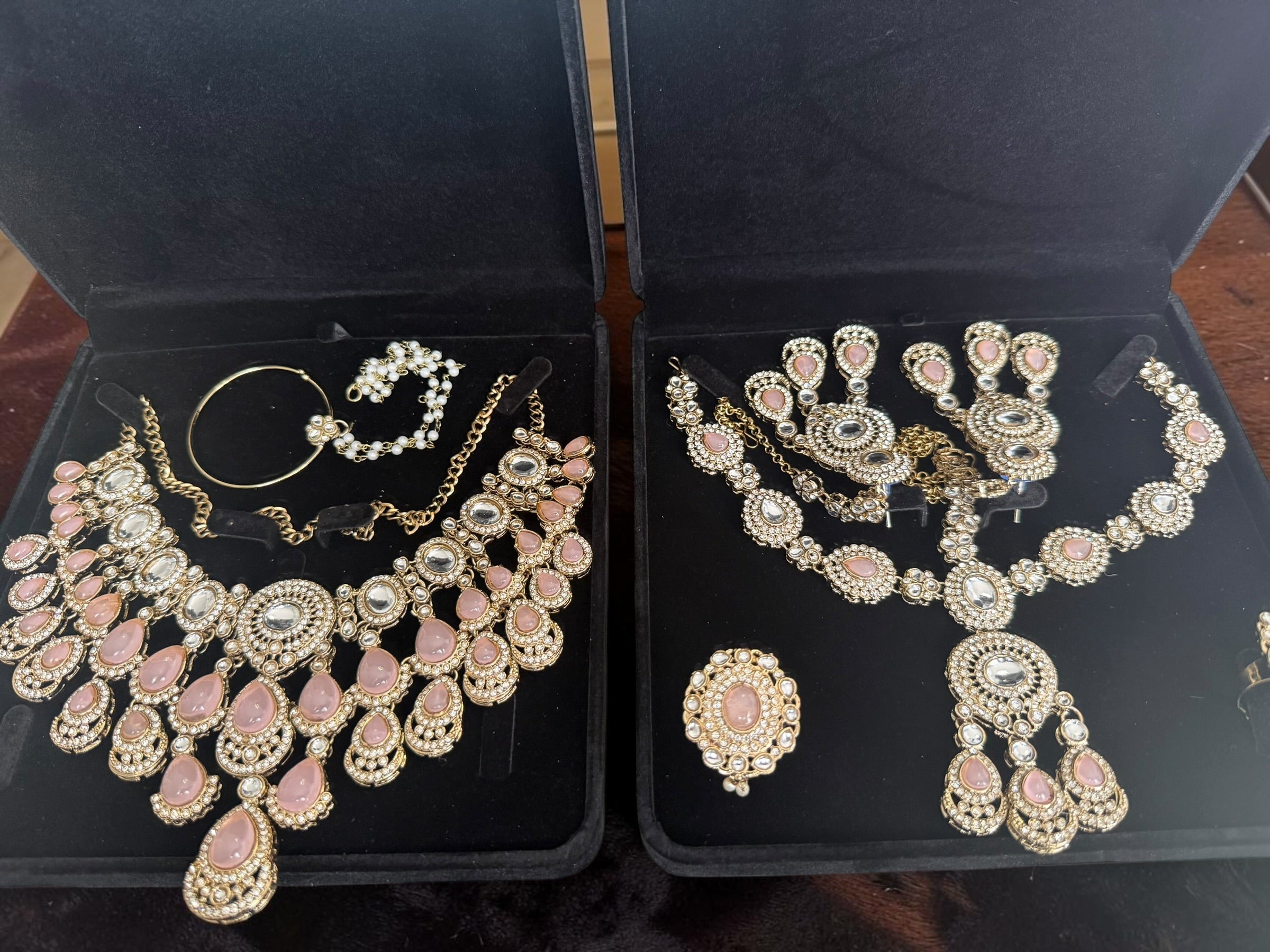 Blush Pink Kundan Half Bridal Jewelry Set – 6-Piece Necklace, Earrings, Sheeshphool, Nath & Adjustable Rings 6058