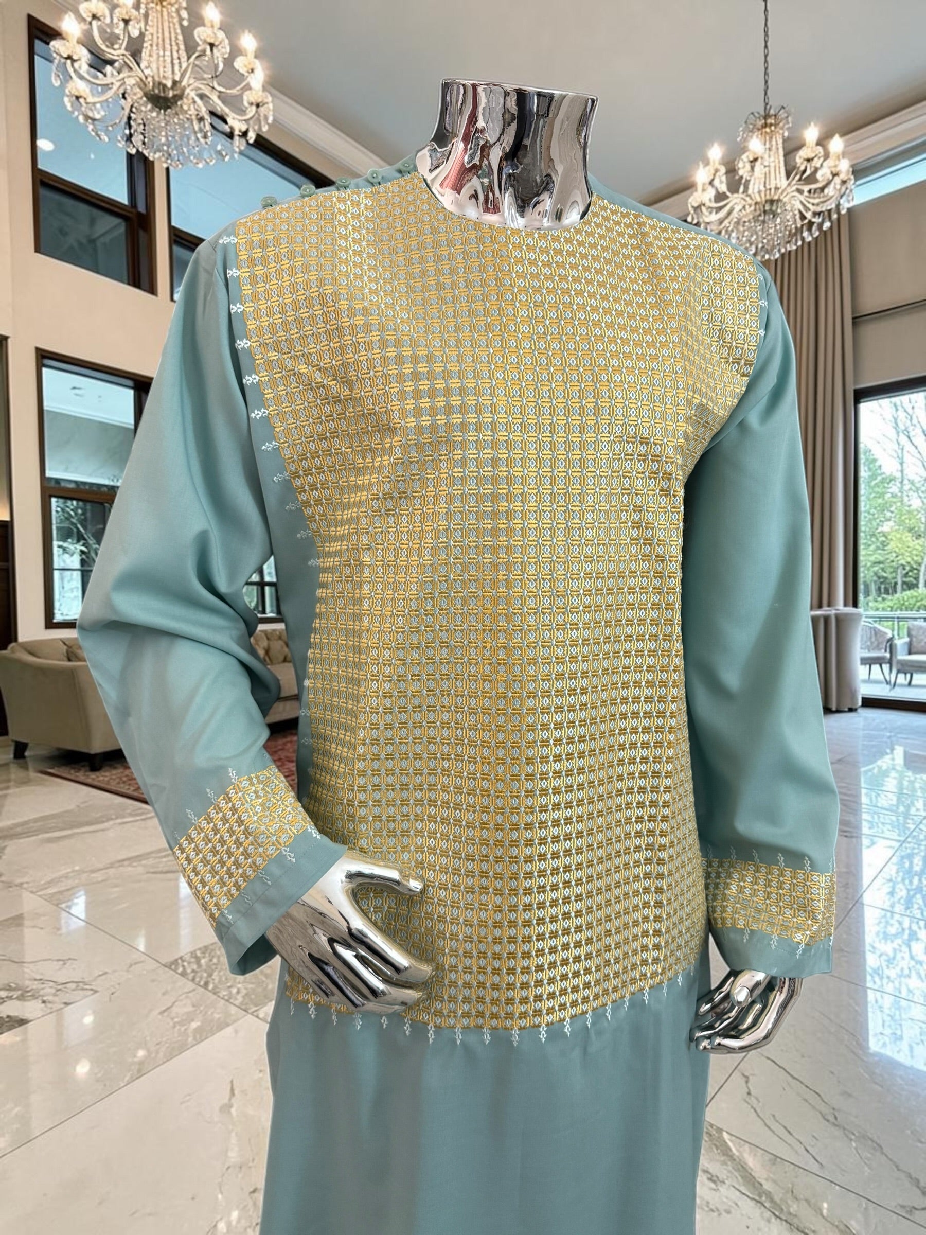 X-Large Turquoise Afghan Parahan Tunban for Men with Machine Embroidery