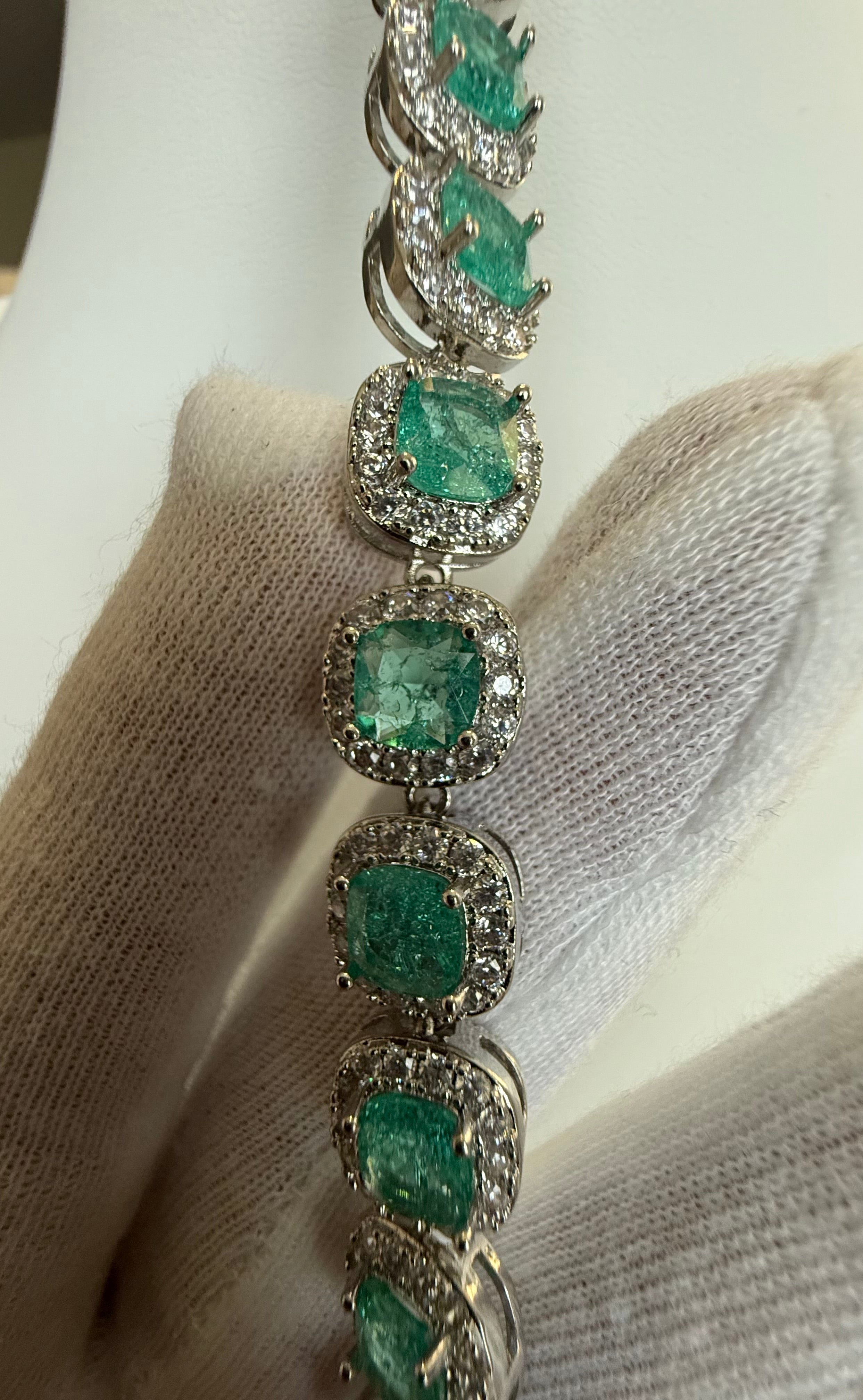 Aqua Green Cushion Cut Halo Crystal Tennis Bracelet – Silver Tone Statement Jewelry 7112