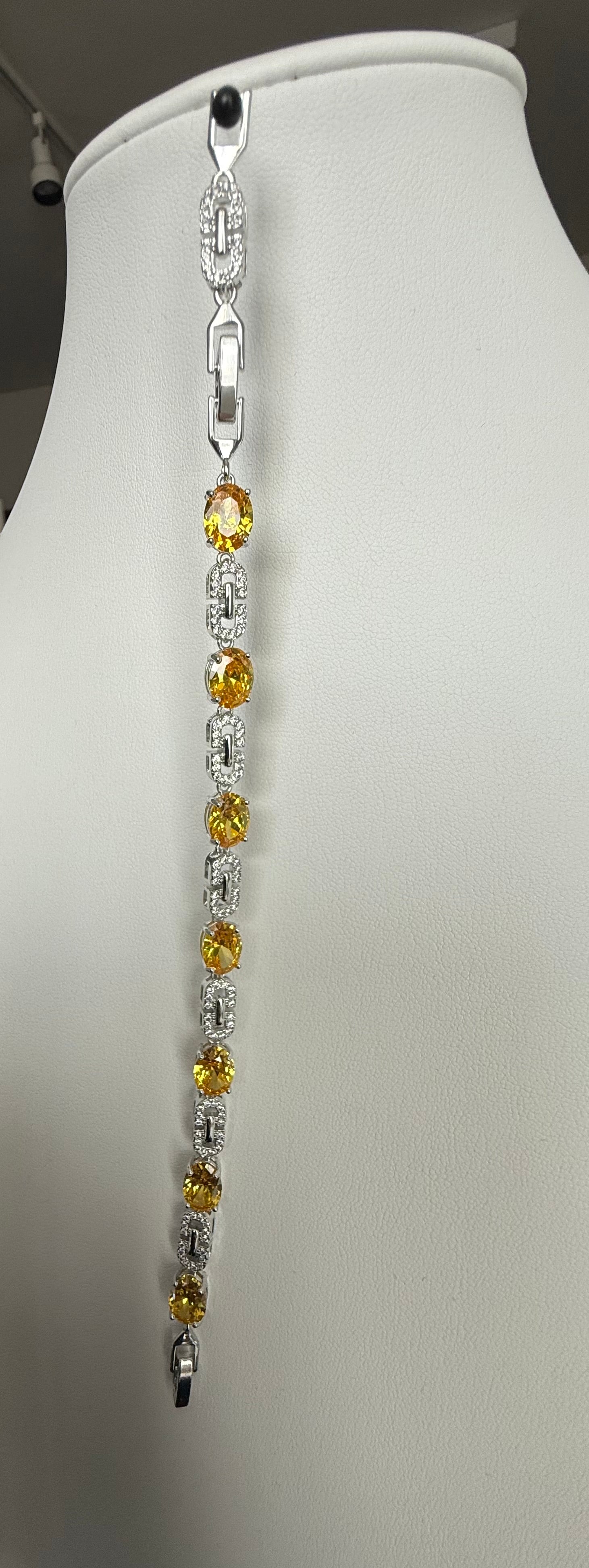 Yellow Oval Crystal Link Bracelet – Silver Tone Sparkling Statement Bracelet for Women 7088