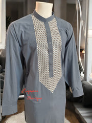 Men’s Grey Parahan Tumban with White Hand Khamak Embroidery – Elegant Afghan Traditional Outfit, XXL