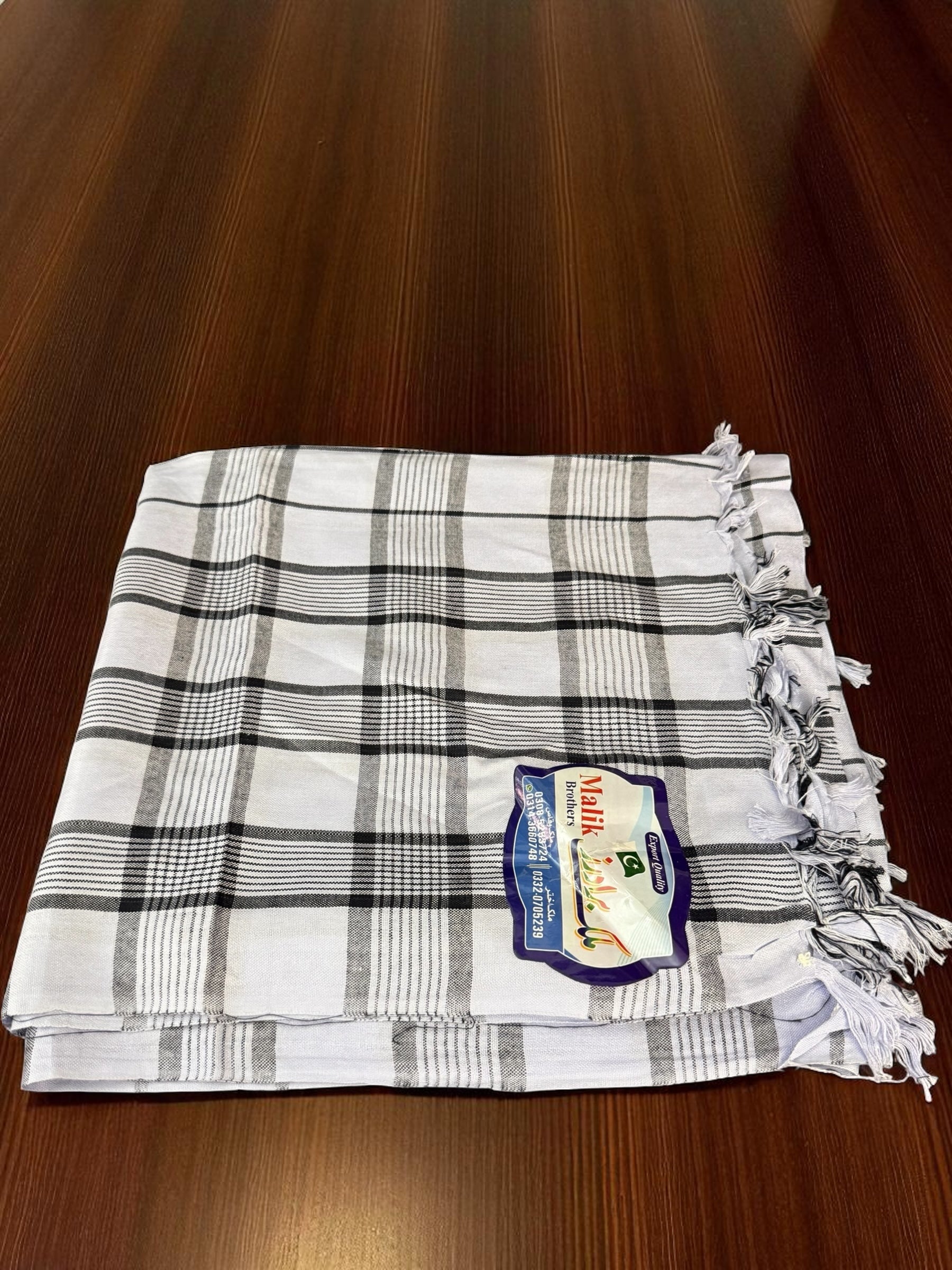 White and Black Cotton Shawl – Lightweight Traditional Men’s Afghan Scarf with Fringes 54”x54”