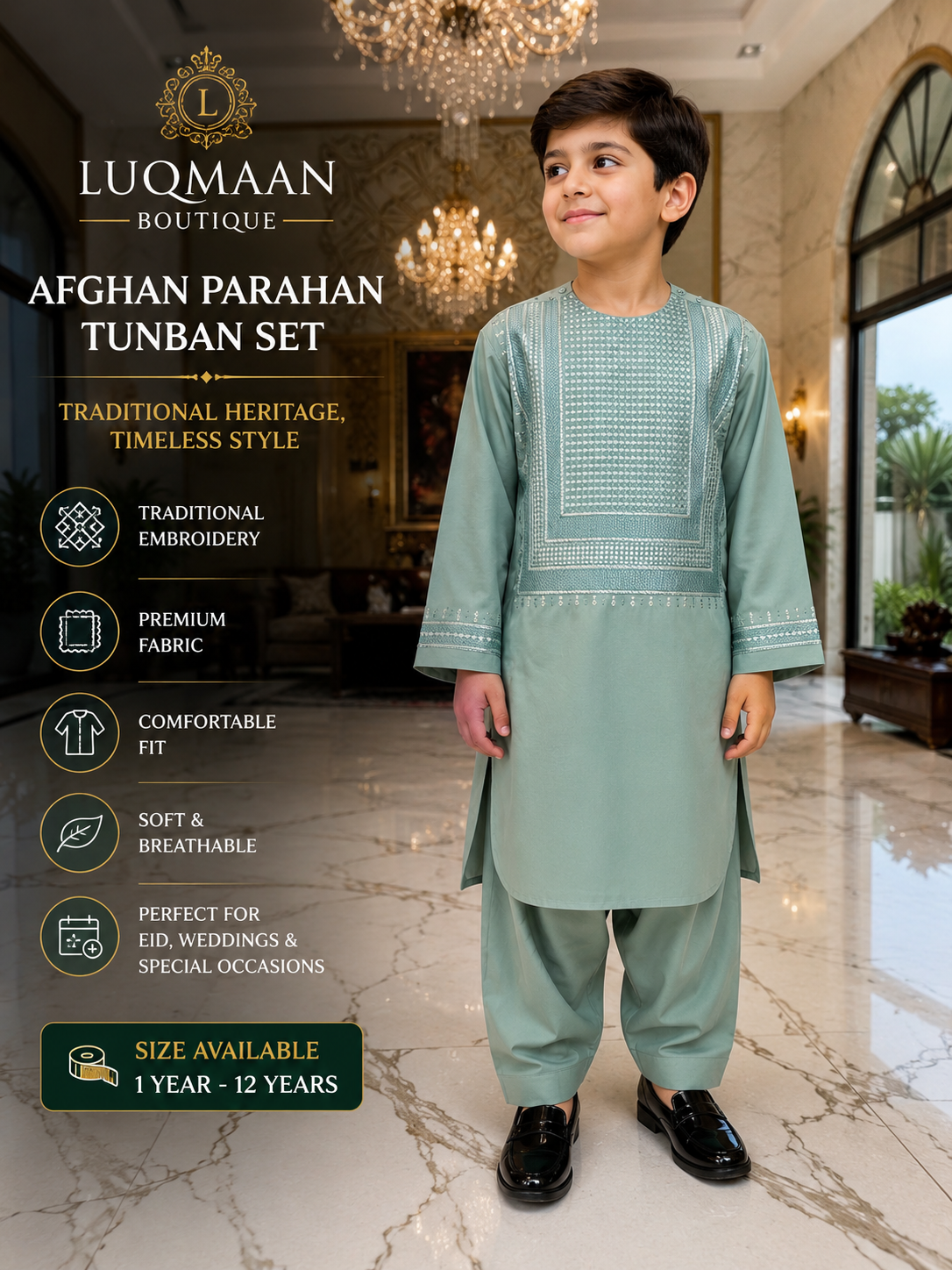Kids Afghan Parahan Tunban Set – Premium Embroidered Traditional Afghan Outfit for Boys | Sage Green Eid & Wedding Wear (1–12 Years) Design #24