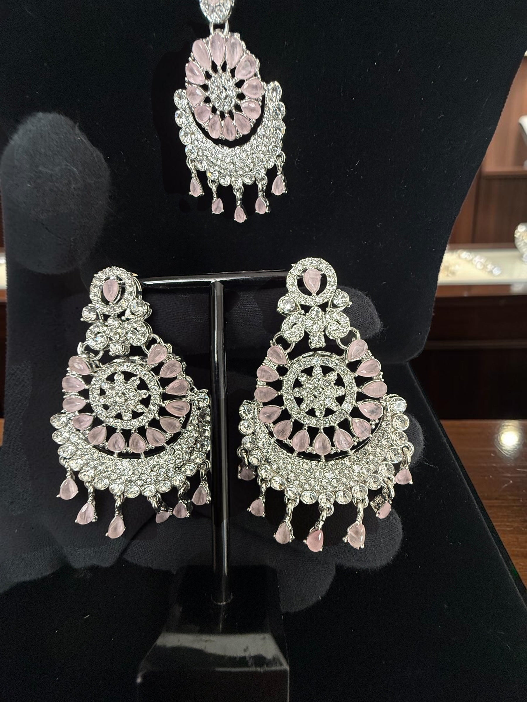 Indian Pakistani Afghan American Diamond Earrings with Maang Tikka Set | Bridal Chandbali Earrings | Wedding Jewelry Gift | 6 Color Options