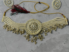 Pakistani Indian Afghan Pearl Choker Jewelry Set for Women – Gold Tone Bridal Necklace, Earrings & Maang Tikka | Traditional Ethnic Wedding Jewelry (4-Piece) 021
