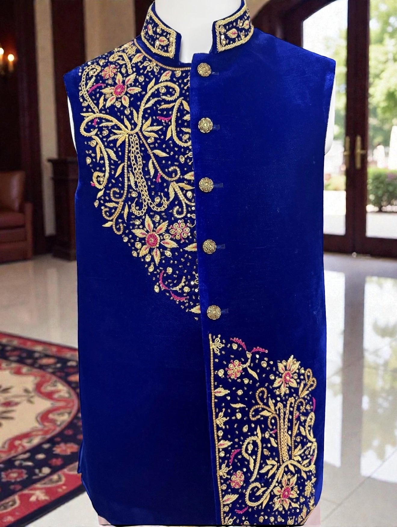 Royal Blue Velvet Vestcoat – Handmade Soma & Borr Borr Gold Embroidery | Men’s Luxury Afghan Waistcoat Medium