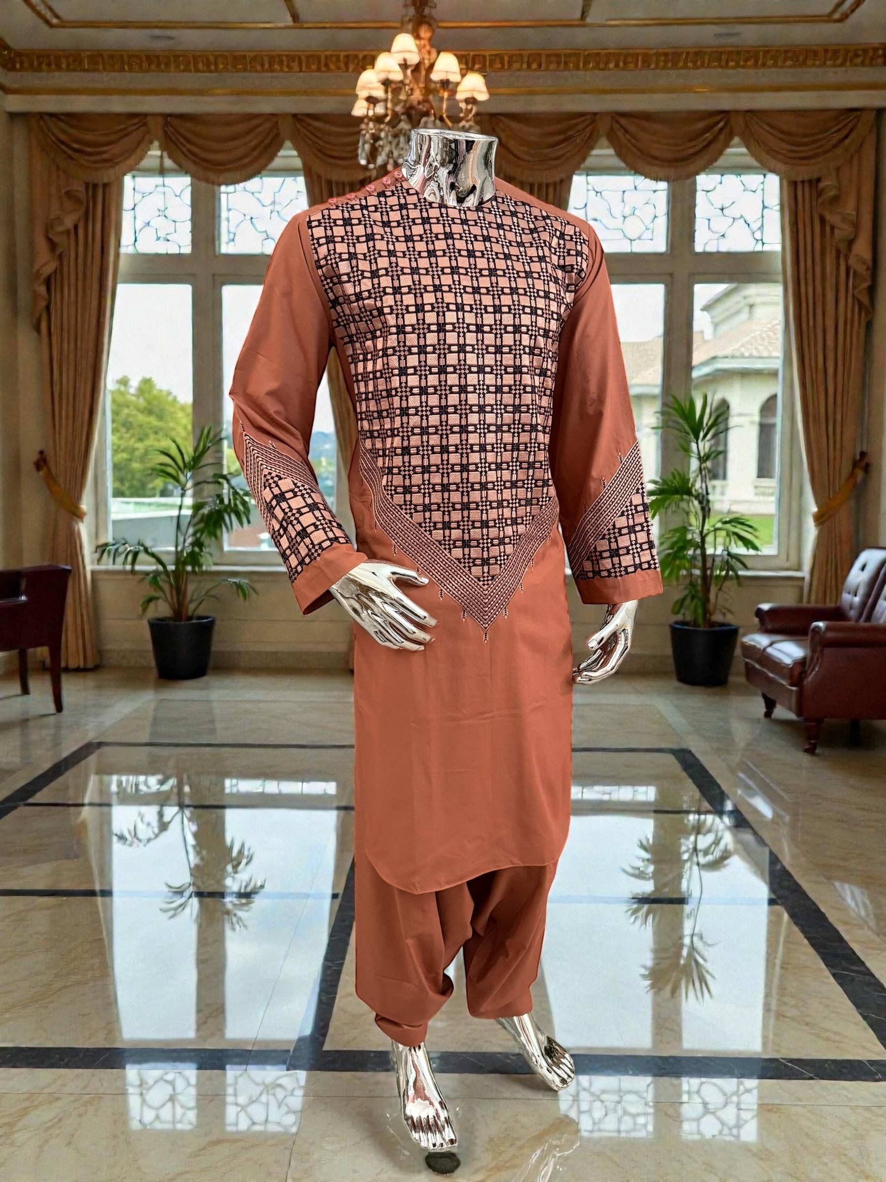 Small Men’s Caramel Brown Parahan Tumban with White & Tan Embroidery | Luxury Afghan Outfit with Matching Shawl