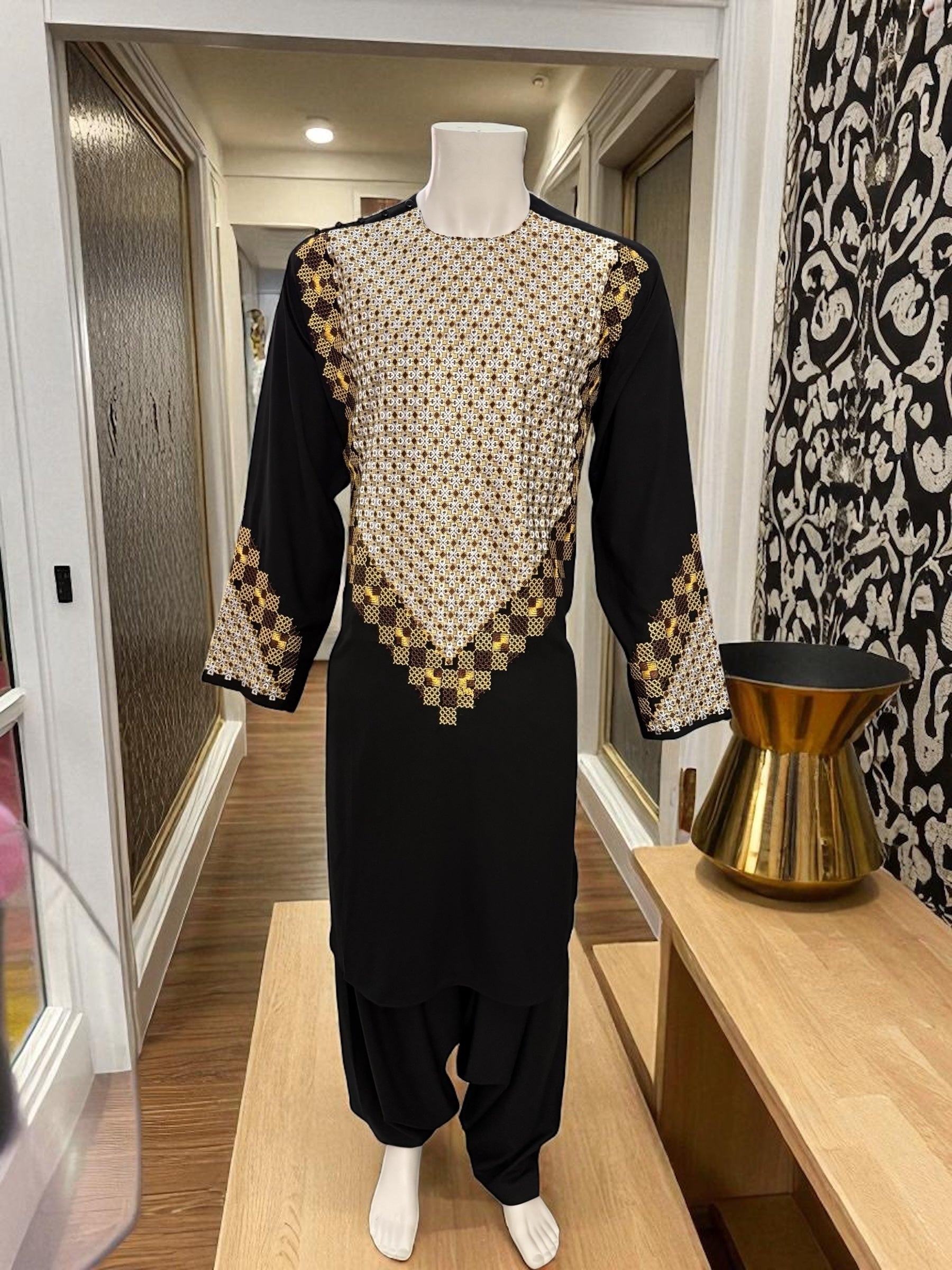 Men’s Black Kameez – Black with Gold, White & Brown Machine Embroidery | Afghan Outfit (XL)