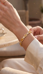 Golden Yellow Emerald-Cut Crystal Tennis Bracelet – Gold Tone Rhinestone Halo Statement Jewelry 7069
