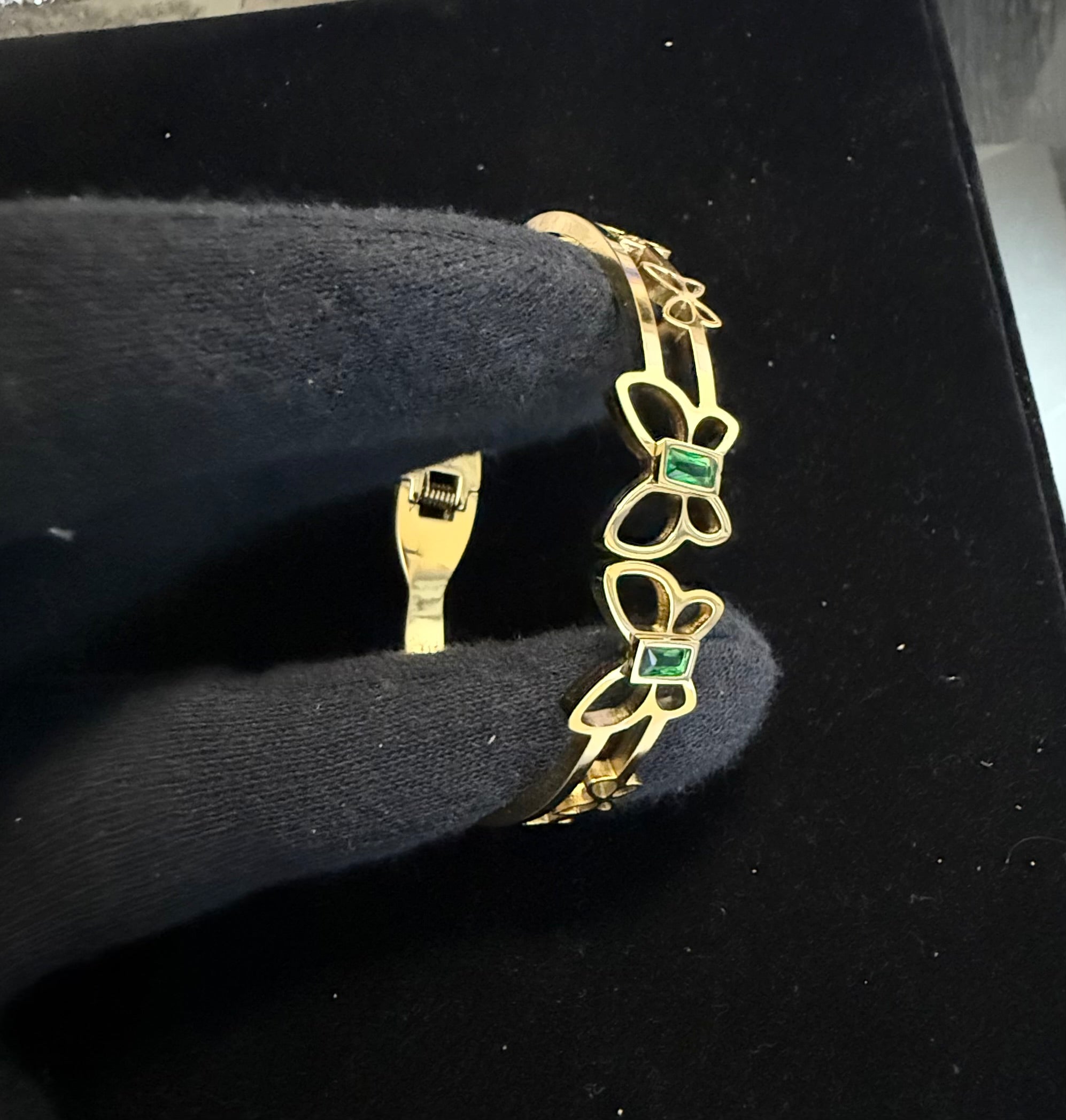 Gold Tone Stainless Steel Butterfly Bangle Bracelet with Green Stone Accents 8063