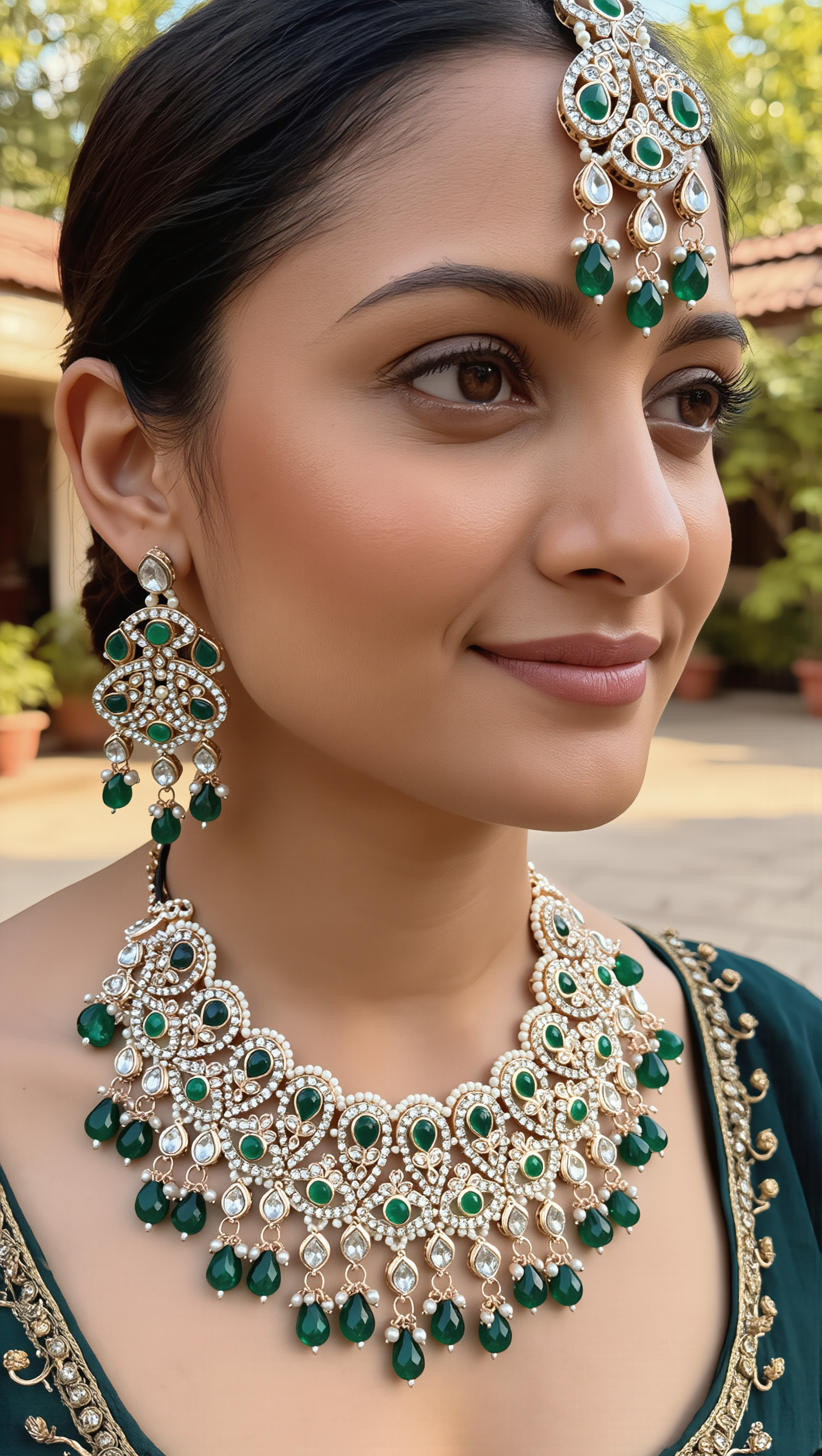 Emerald Green Kundan Bridal Jewelry Set with Earrings & Maang Tikka | Rose Gold Indian Pakistani Afghan Wedding Necklace | Jewelry Gift Box Included 6046