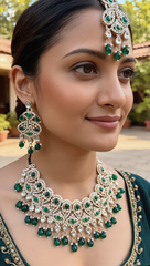 Emerald Green Kundan Bridal Jewelry Set with Earrings & Maang Tikka | Rose Gold Indian Pakistani Afghan Wedding Necklace | Jewelry Gift Box Included 6046