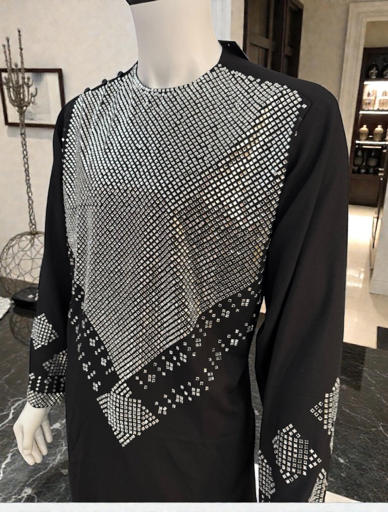 Men’s Black Parahan Tunban – White Shesha (Mirror) Style Embroidery on Chest & Sleeves | Afghan Traditional Outfit Small