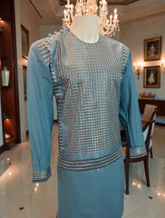 Medium Afghan Parahan Tunban for Men – Teal Blue Machine Embroidery