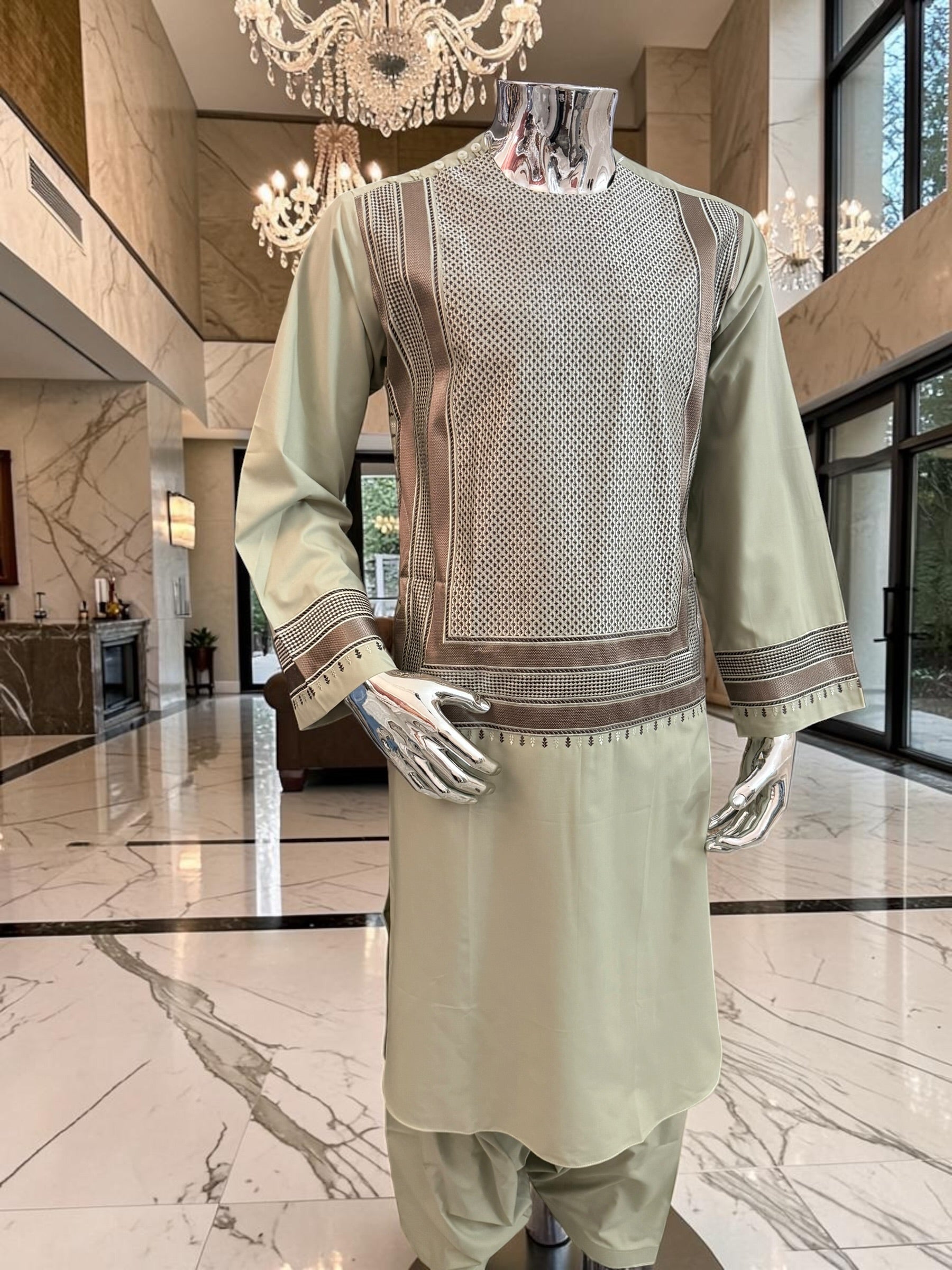 Medium Sage Green Parahan Tunban with Brown Embroidery | Premium Afghan Traditional Wear