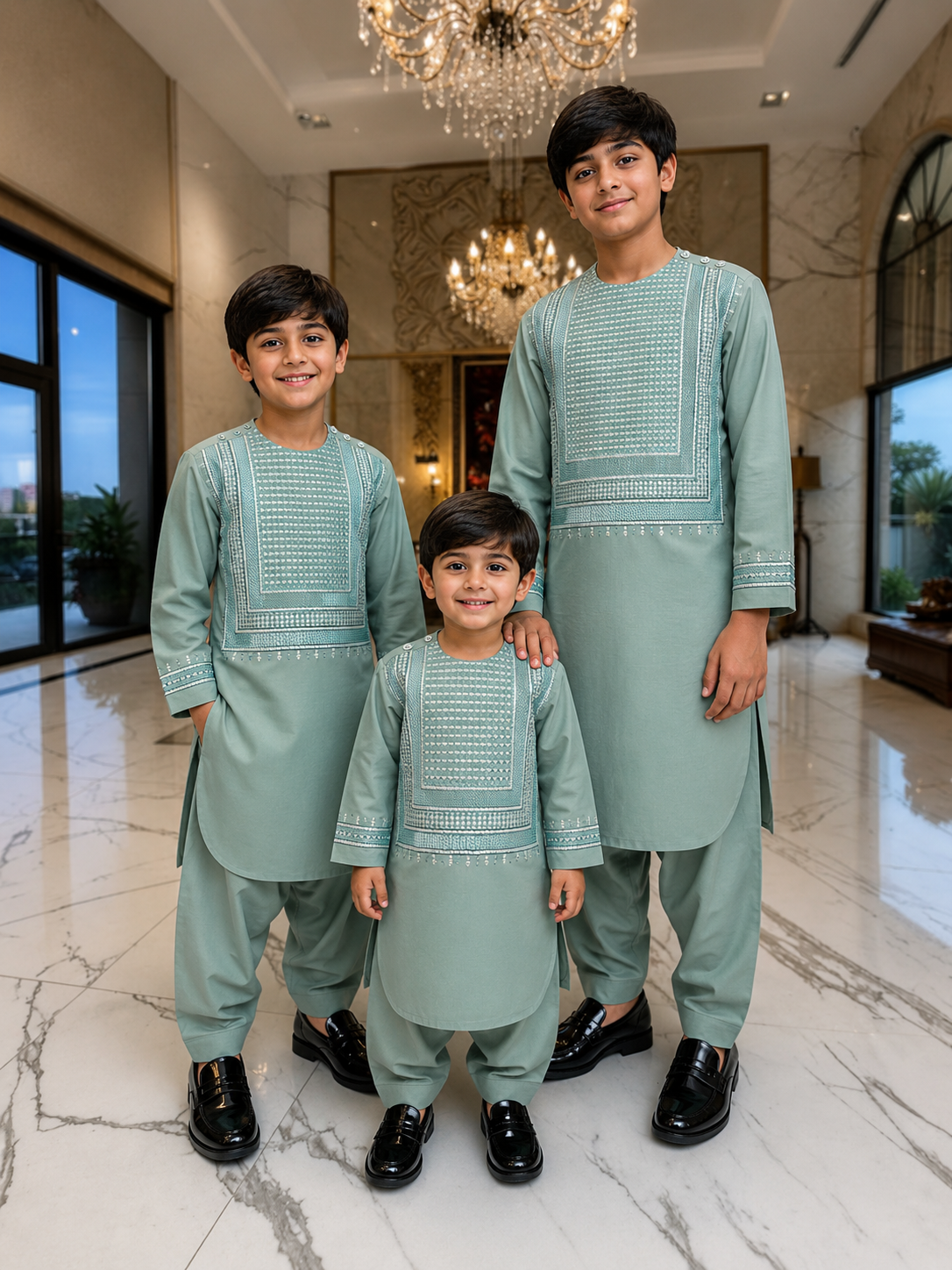 Kids Afghan Parahan Tunban Set – Premium Embroidered Traditional Afghan Outfit for Boys | Sage Green Eid & Wedding Wear (1–12 Years) Design #24
