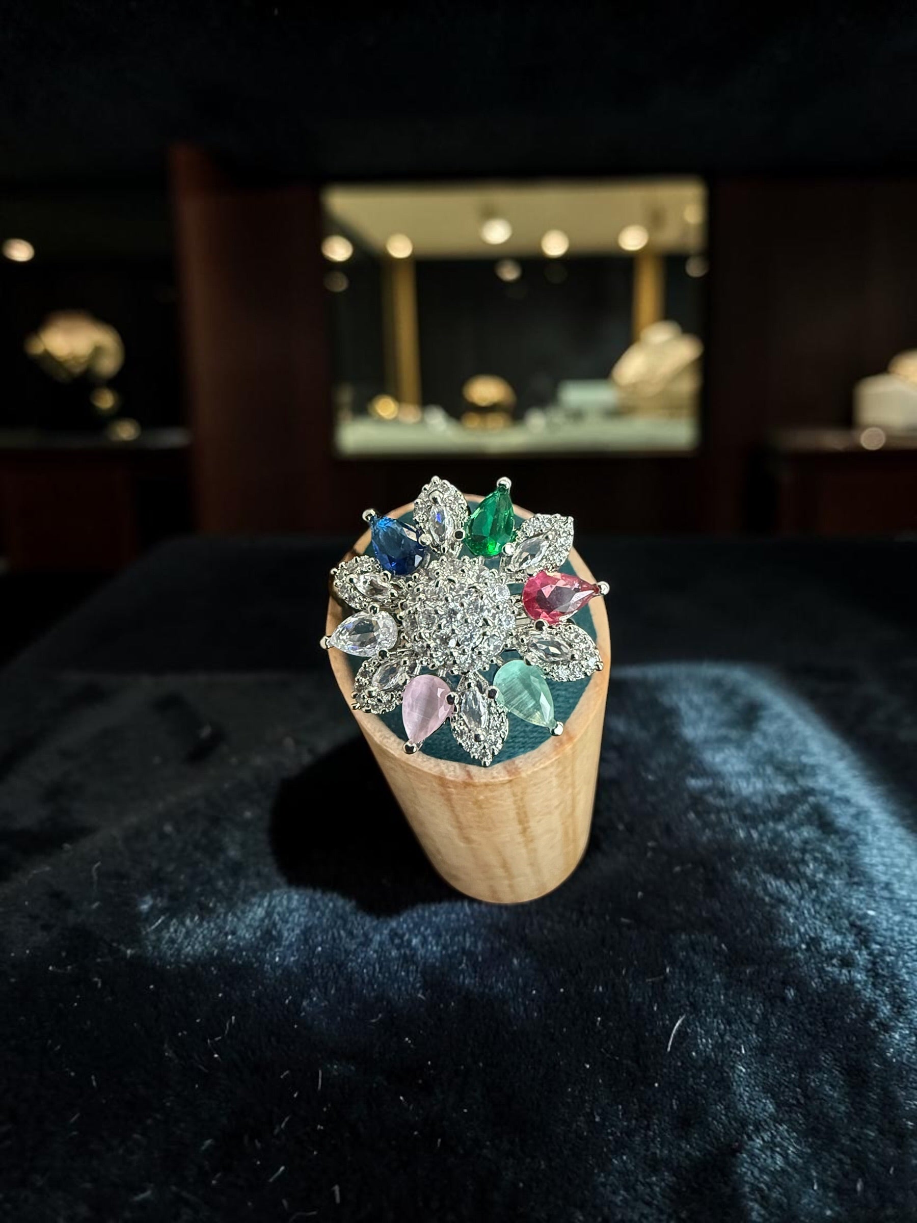 American Diamond Floral Statement Ring – Adjustable Pear-Cut Crystal Cocktail Ring, 7 Colors, Gift Box Included