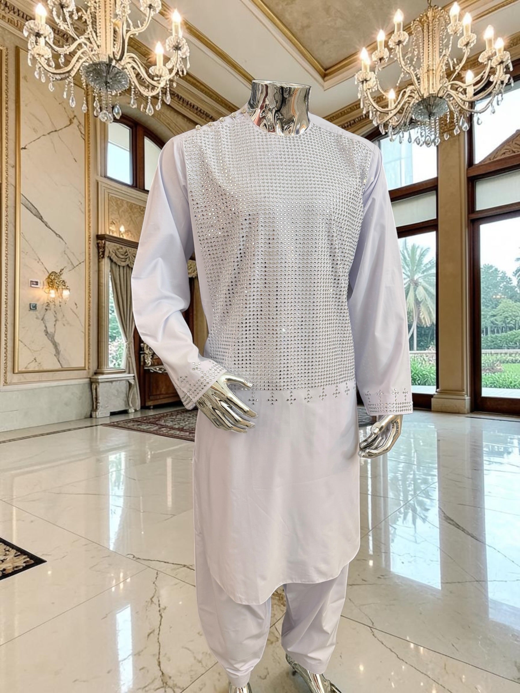 X-Large Afghan Parahan Tunban with Shesha Mirror Work – White