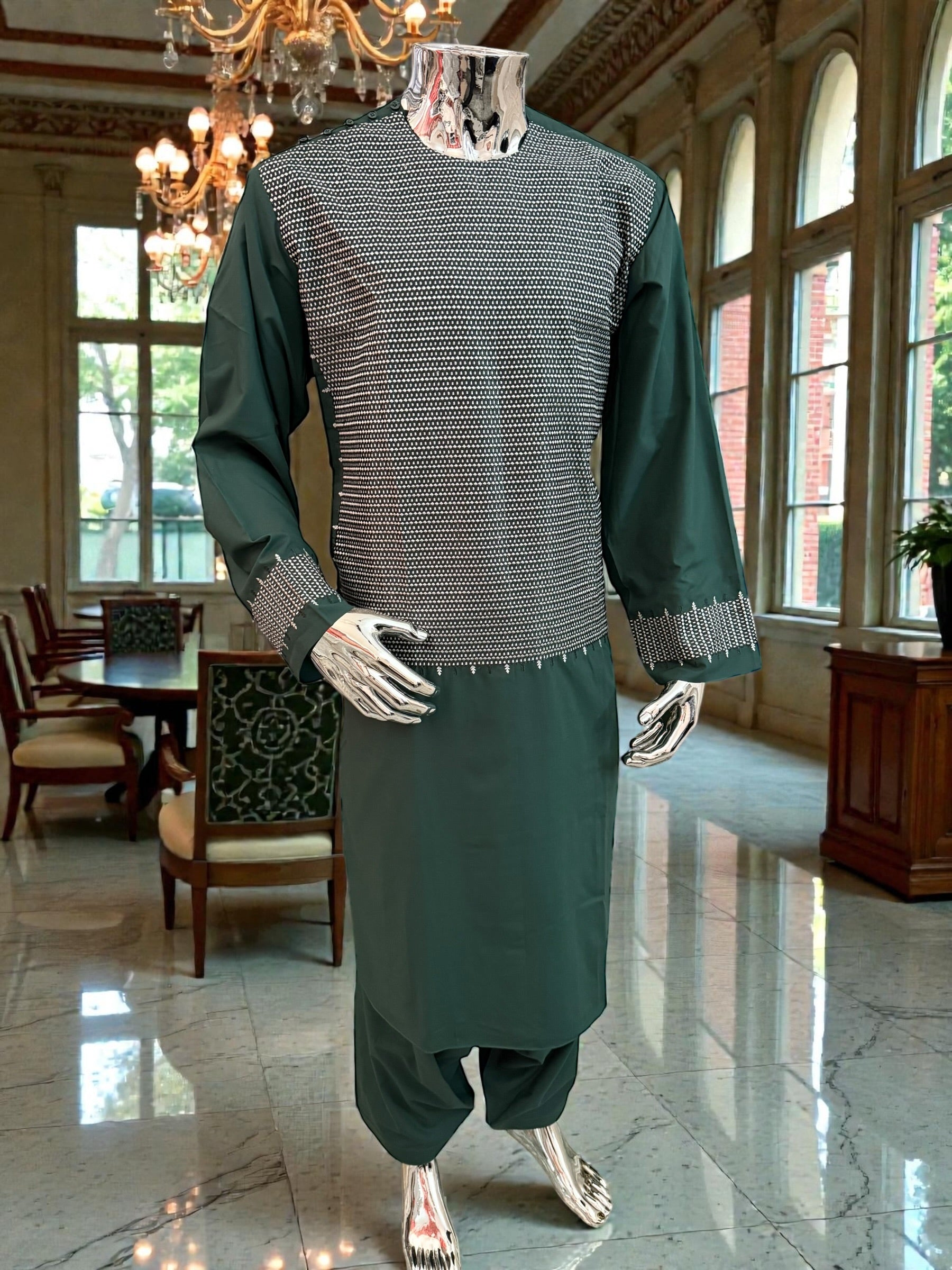 XL Emerald Green Afghan Parahan Tumban | Traditional Cotton-Blend Men’s Outfit | Luqmaan Boutique