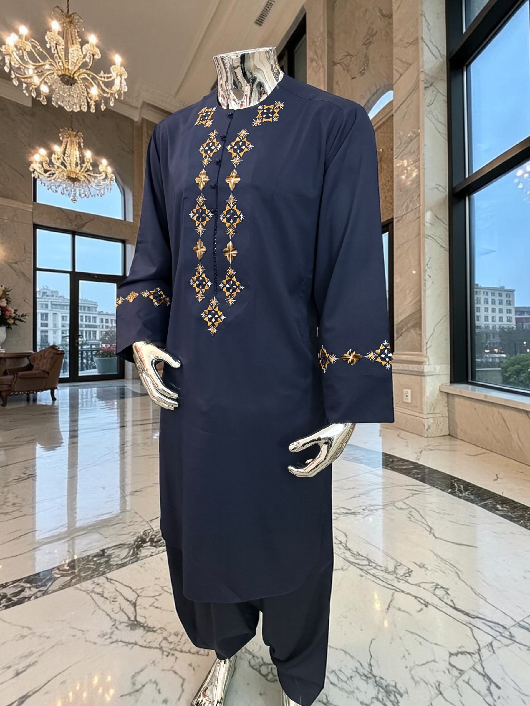 Large Men’s Navy Afghan Parahan Tunban Set with Premium Hand Embroidery with Mirror work & Matching Chadder/patto