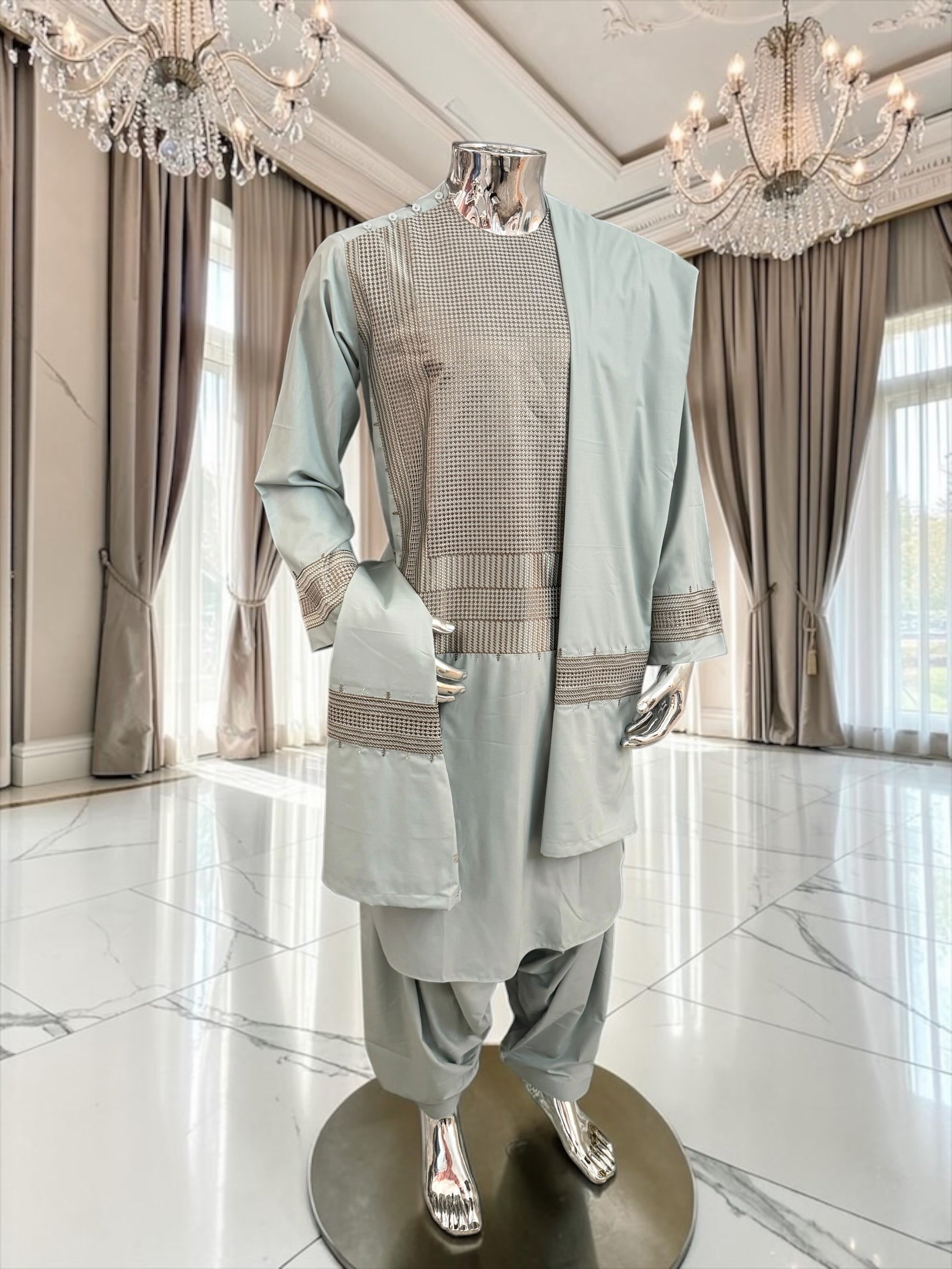 Men’s Sage Gray Embroidered Afghan Parahan Tunban with Matching Shawl – Medium 7232