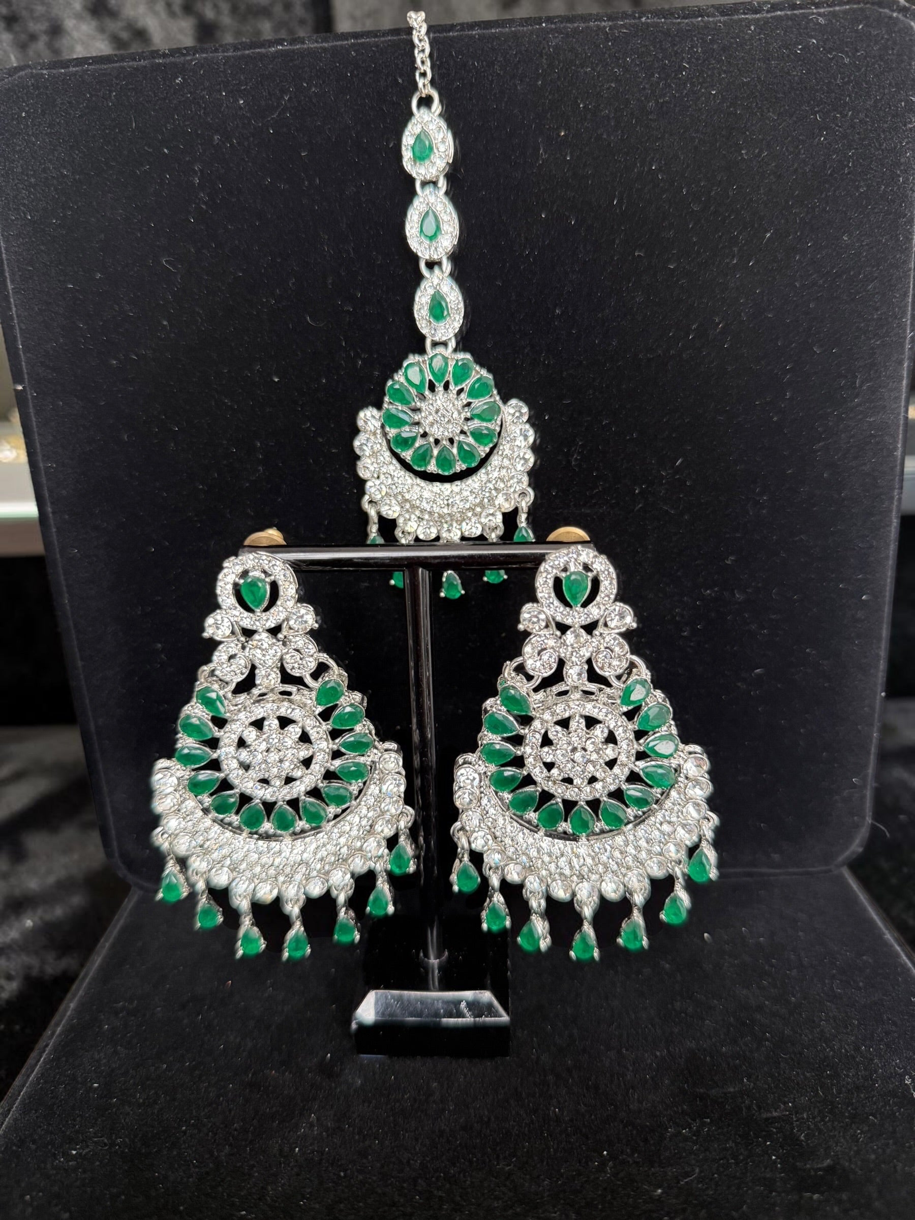 Indian Pakistani Afghan American Diamond Earrings with Maang Tikka Set | Bridal Chandbali Earrings | Wedding Jewelry Gift | 6 Color Options