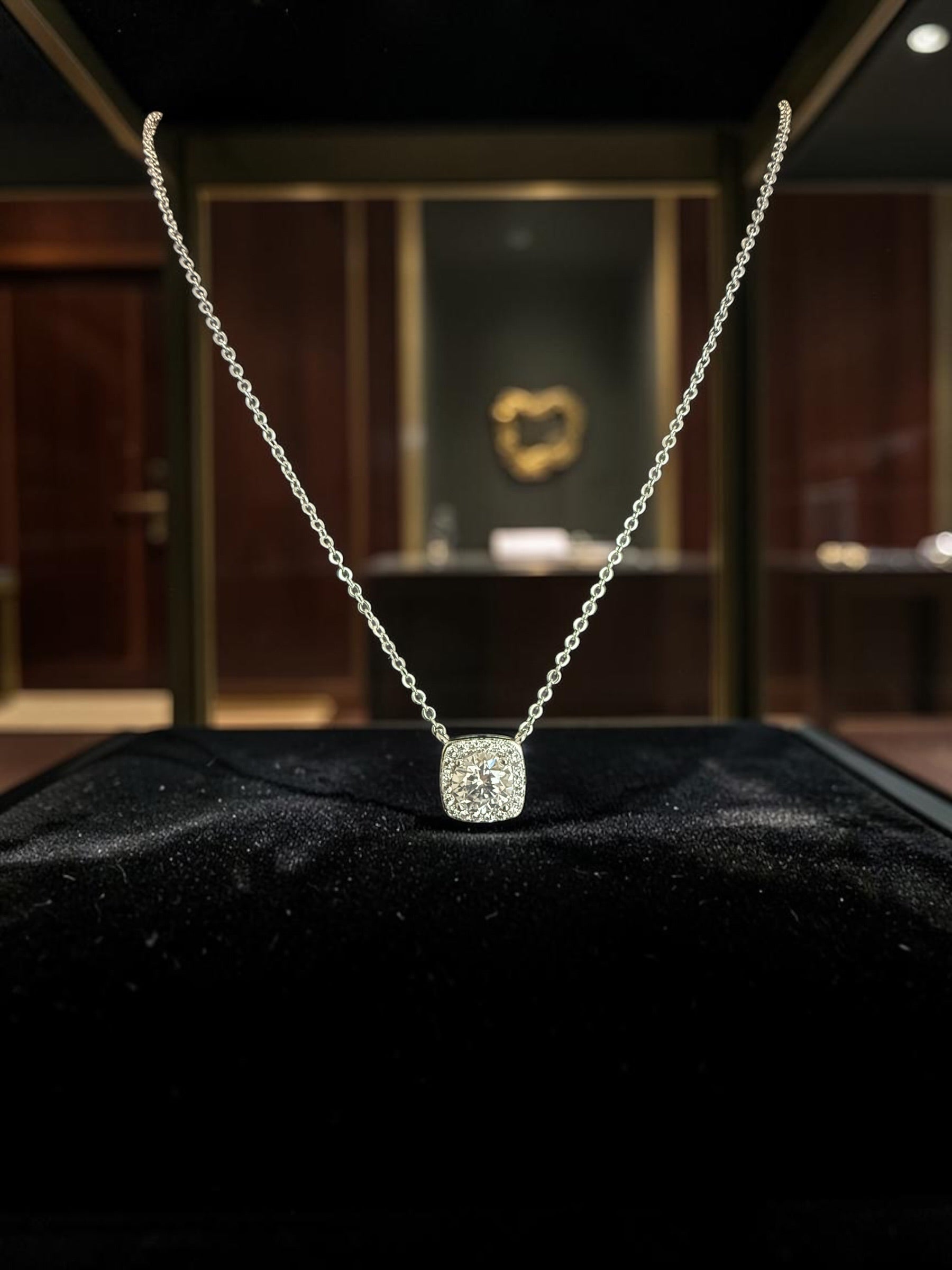 Cushion Halo Moissanite Necklace for Women – Round Moissanite Pendant, GRA Certified, High-Quality Brass, Gift Box Included 7058
