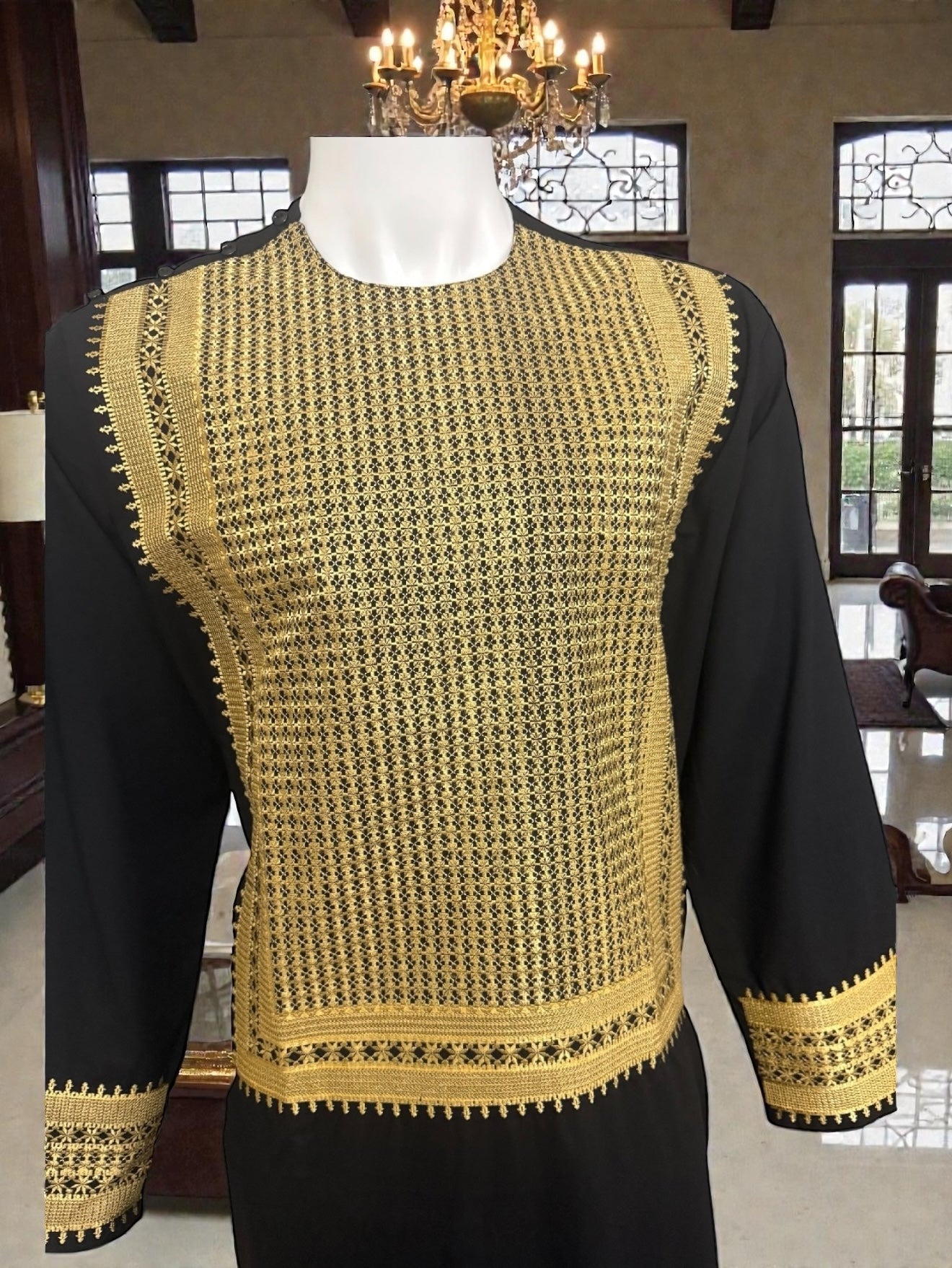 Men’s Black and Gold Embroidered Parahan Tumban – Premium Machine Khamak Design | Small Size