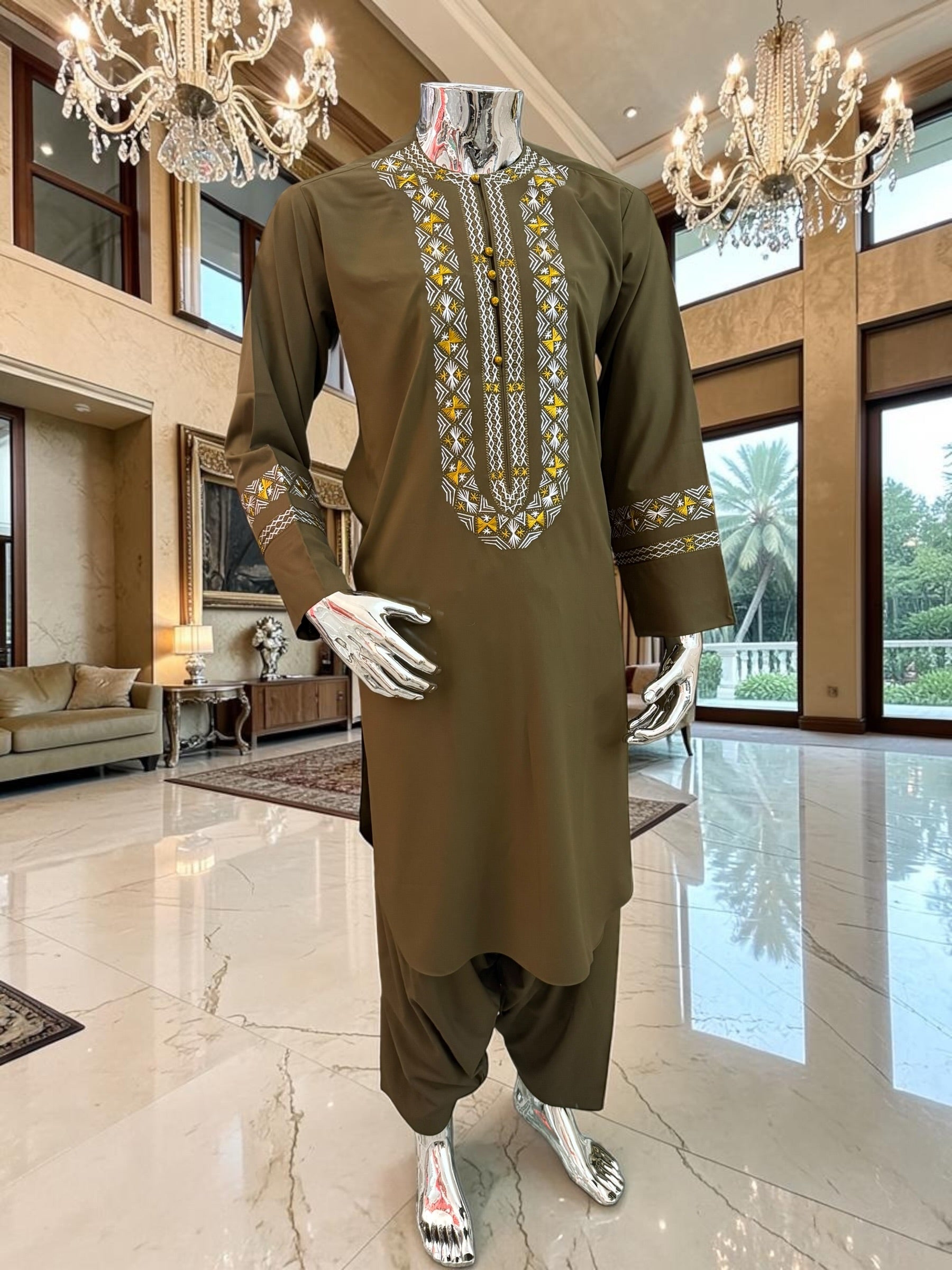 Large Olive Green Afghan Parahan Tunban Set with Traditional Hand Embroidery & Matching Scarf