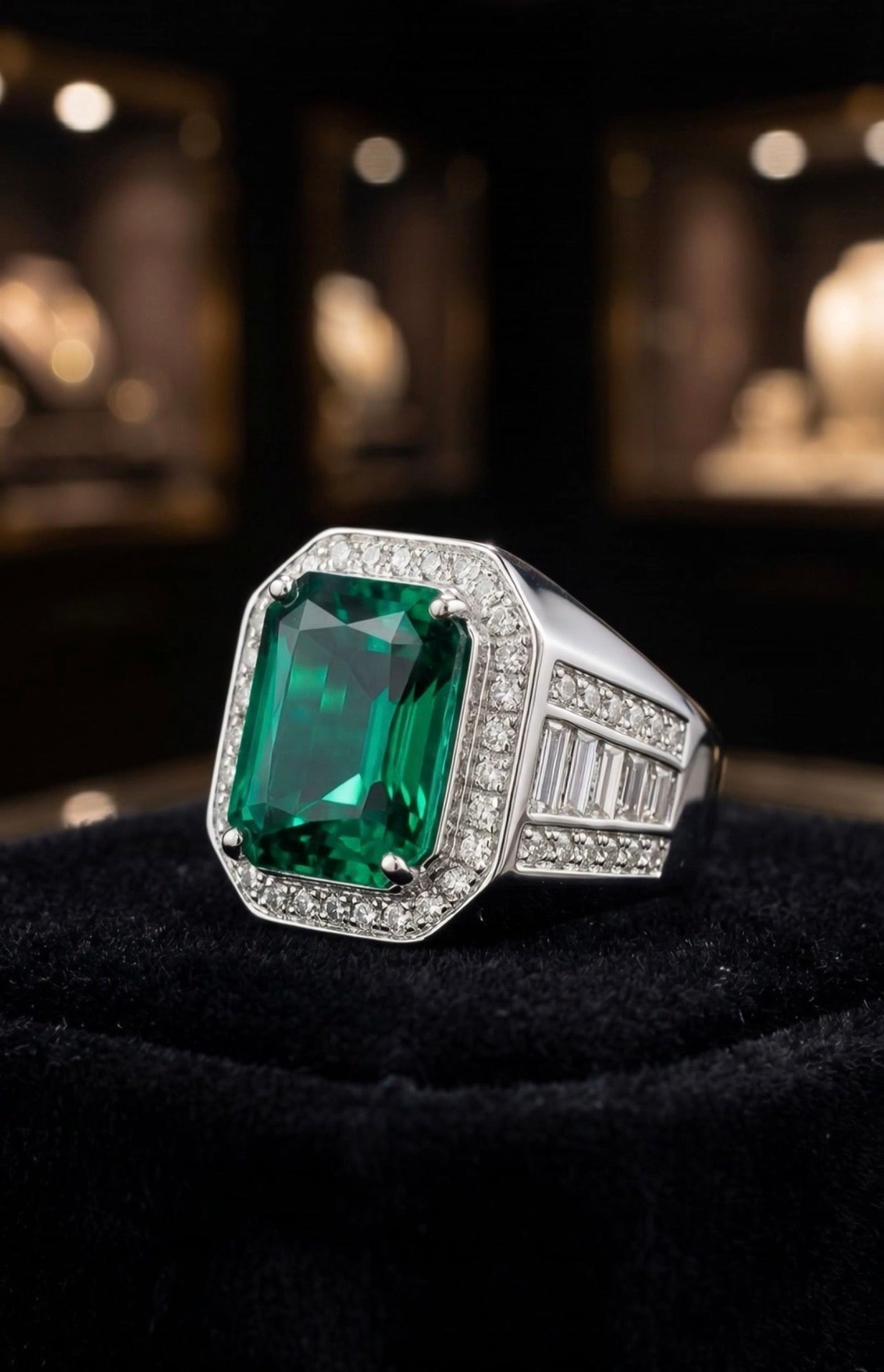Men’s Emerald Green Zircon Signet Ring – Silver Plated Brass Statement Ring with Halo & Baguette Accents C1