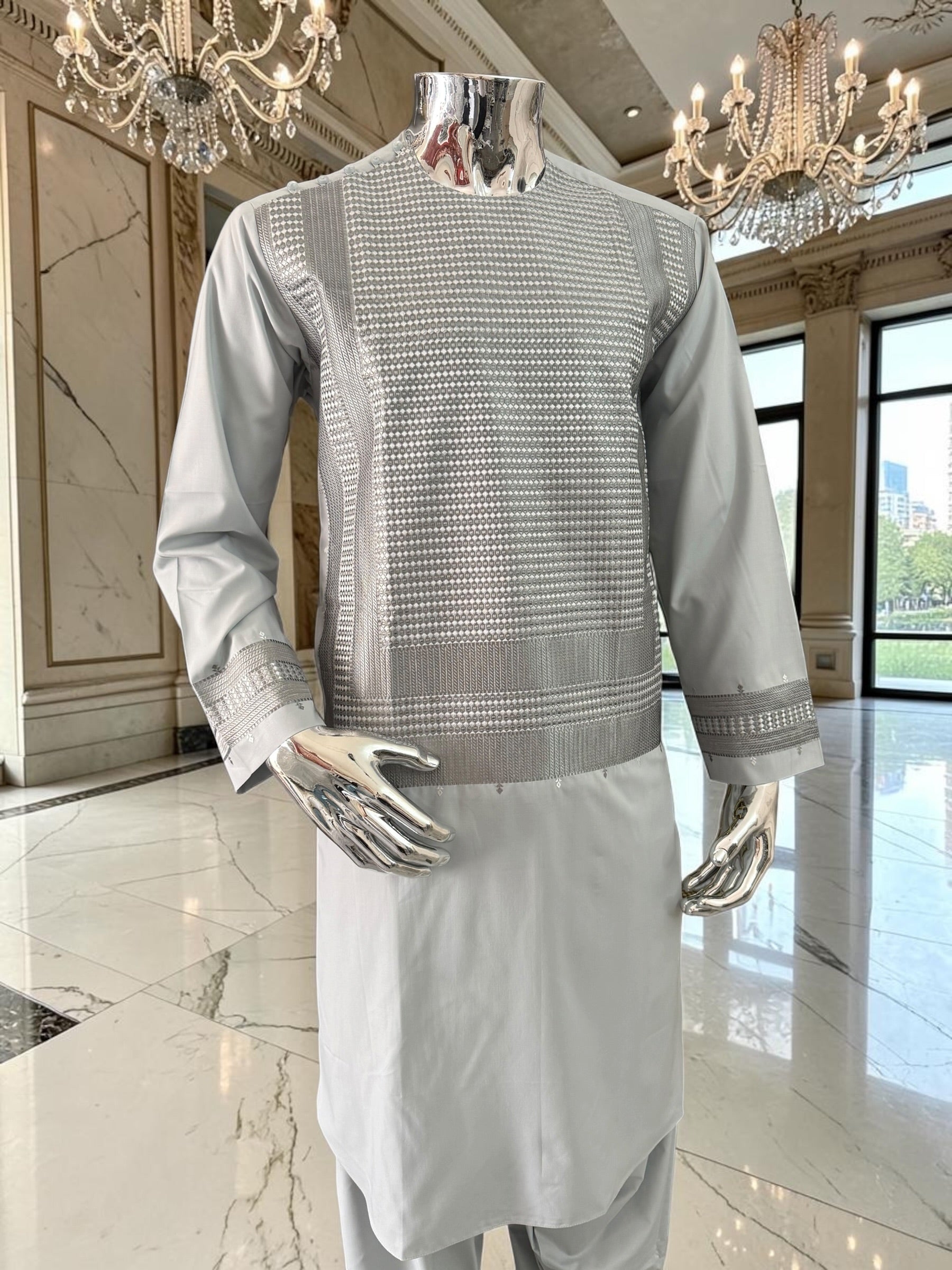 Small Premium Ice Grey Machine Embroidered Parahan Tunban Set with Matching Chadder