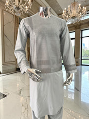 Small Premium Ice Grey Machine Embroidered Parahan Tunban Set with Matching Chadder