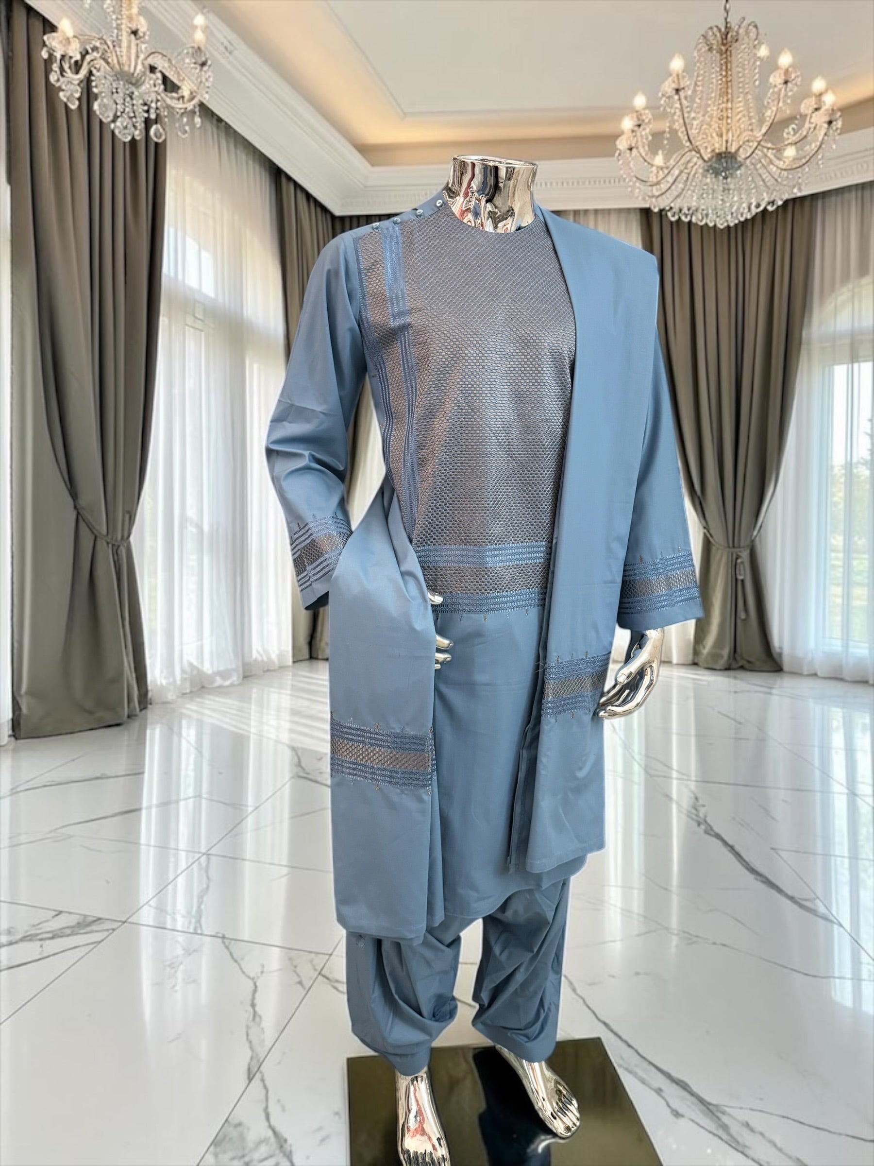 Small Men’s Steel Blue Embroidered Parahan Tunban 3-Piece Set with Matching Shawl 7228