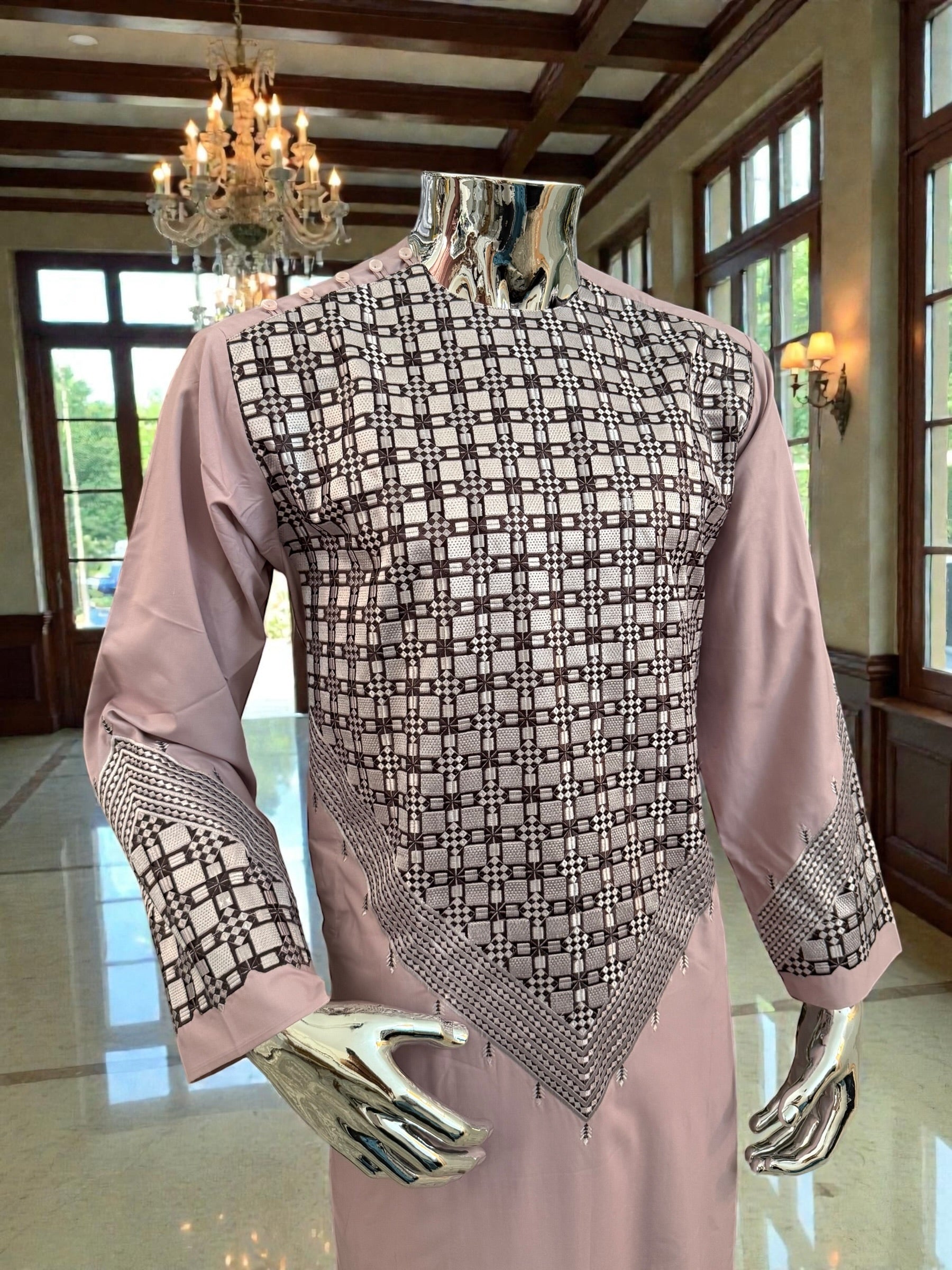 Small Men’s Dusty Rose Parahan Tumban with Black and Silver Geometric Embroidery – Afghan Traditional Outfit
